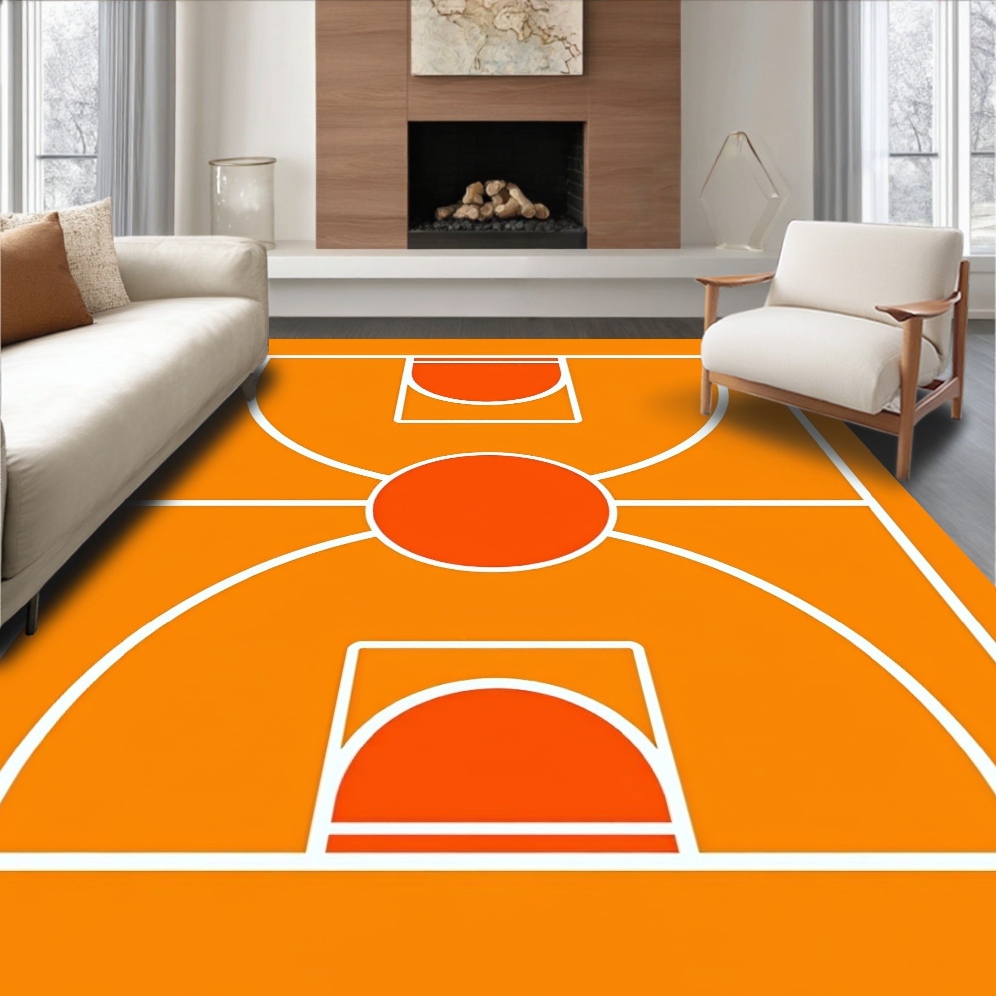 Bright Orange Court Geometric Rug