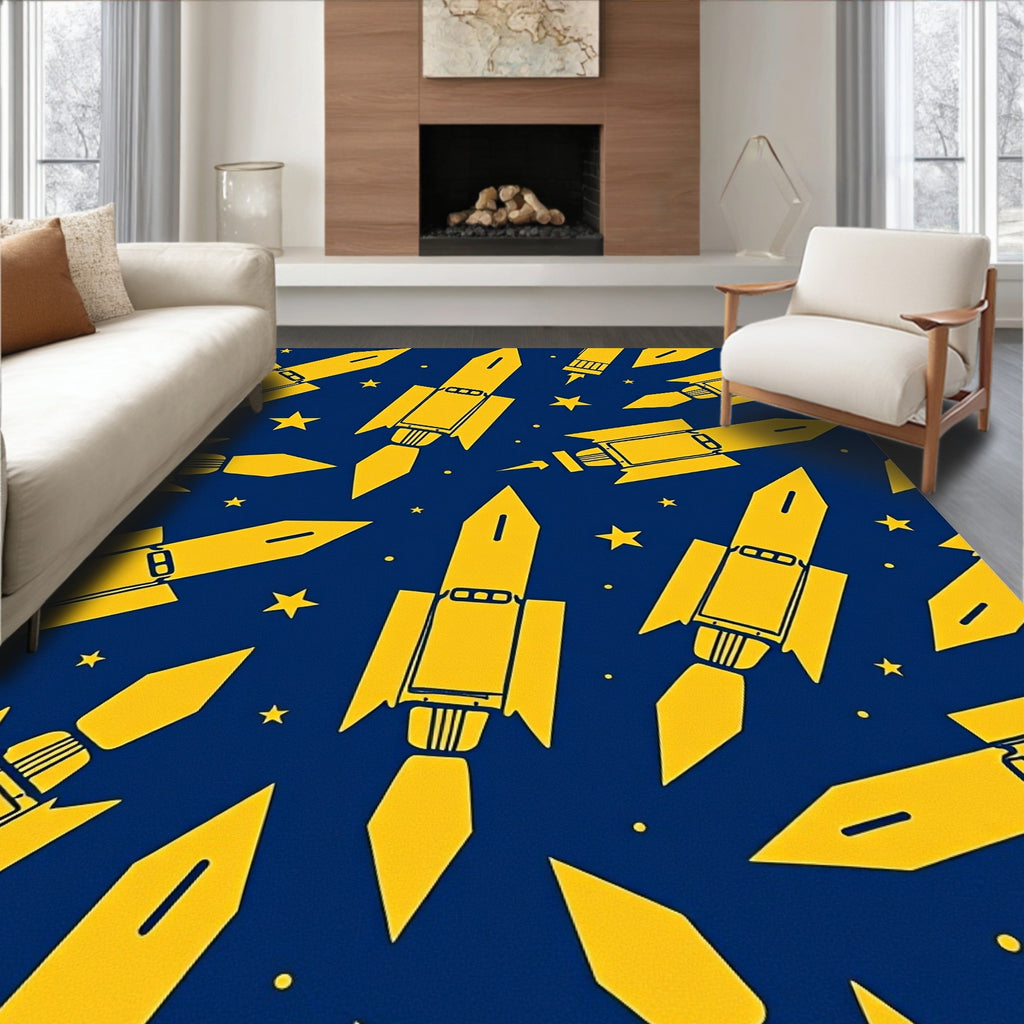 Yellow Rocket Ships Space Travel Rug