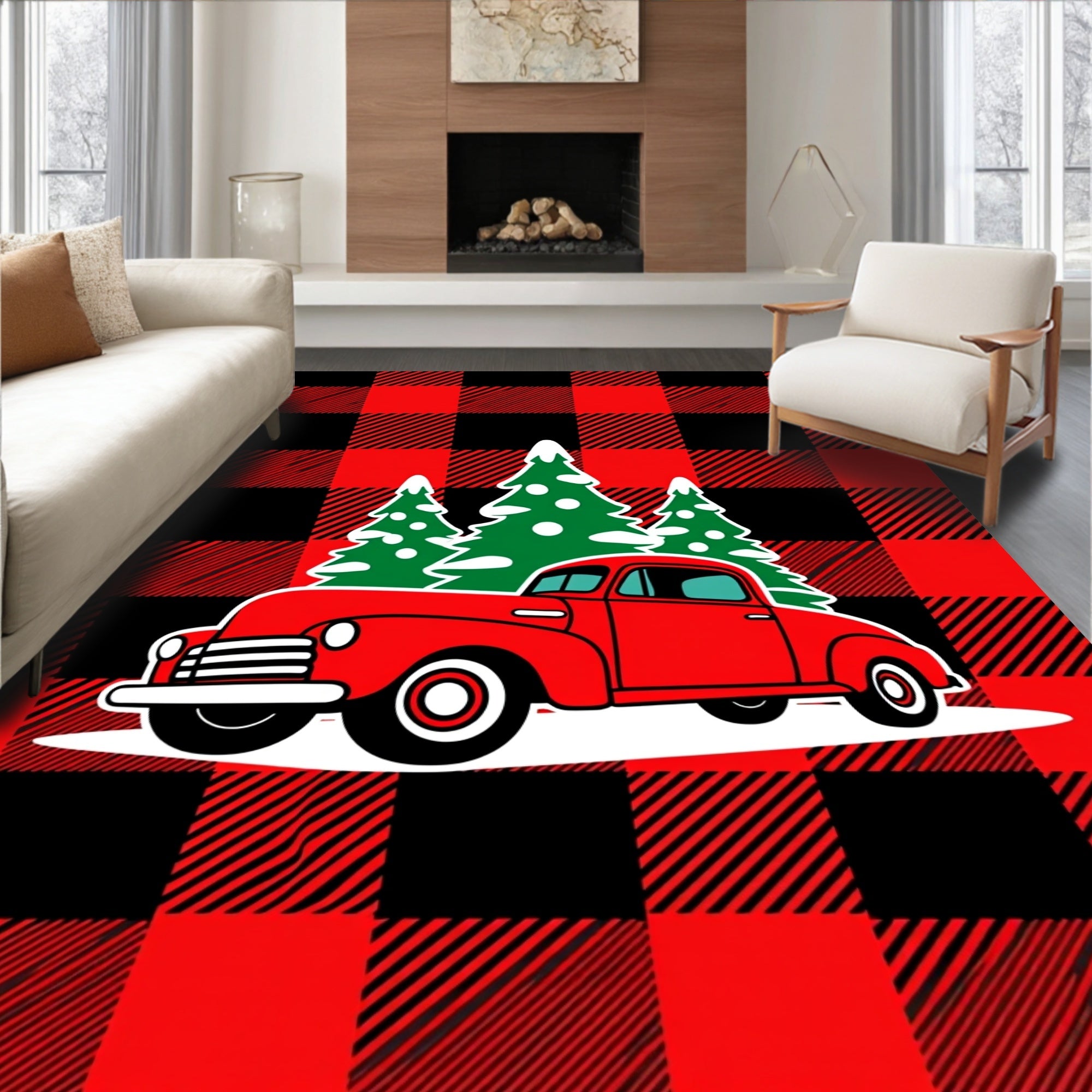 Red Buffalo Check Christmas Truck Rug