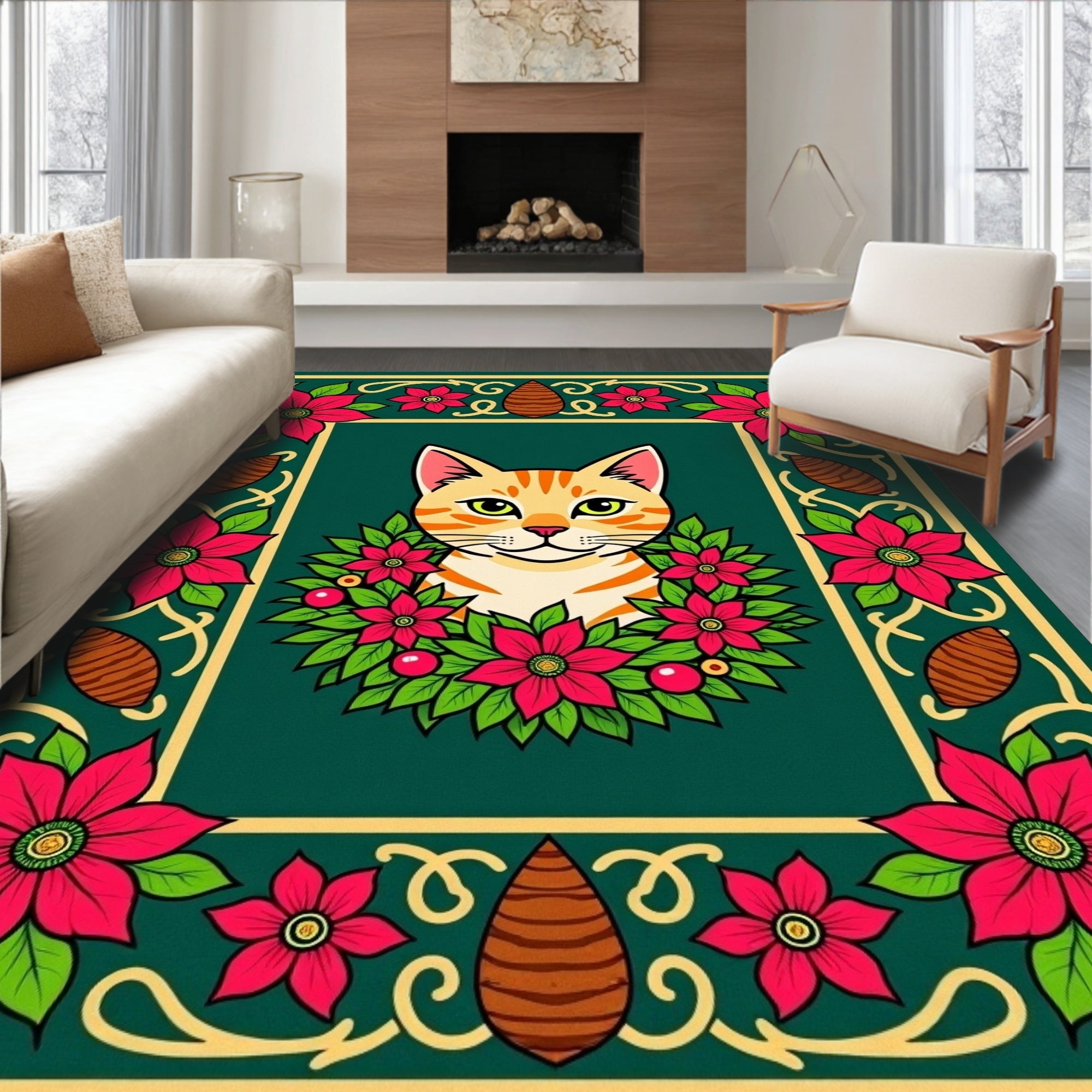 Orange Tabby Cat Poinsettia Wreath Rug