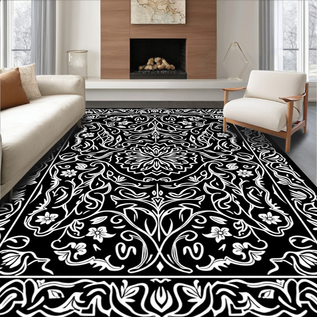 Black White Floral Medallion Art Deco Rug