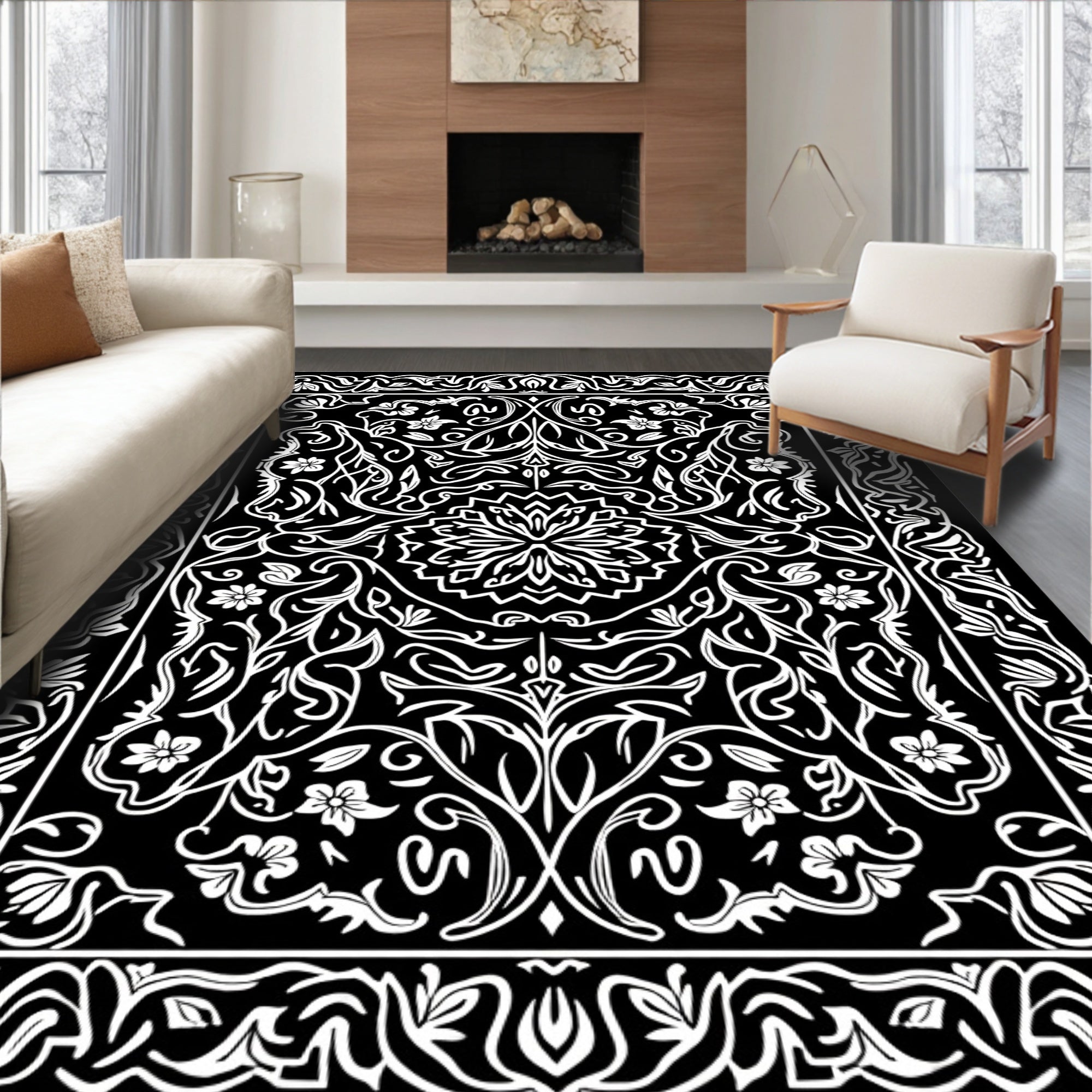 Black White Floral Medallion Art Deco Rug