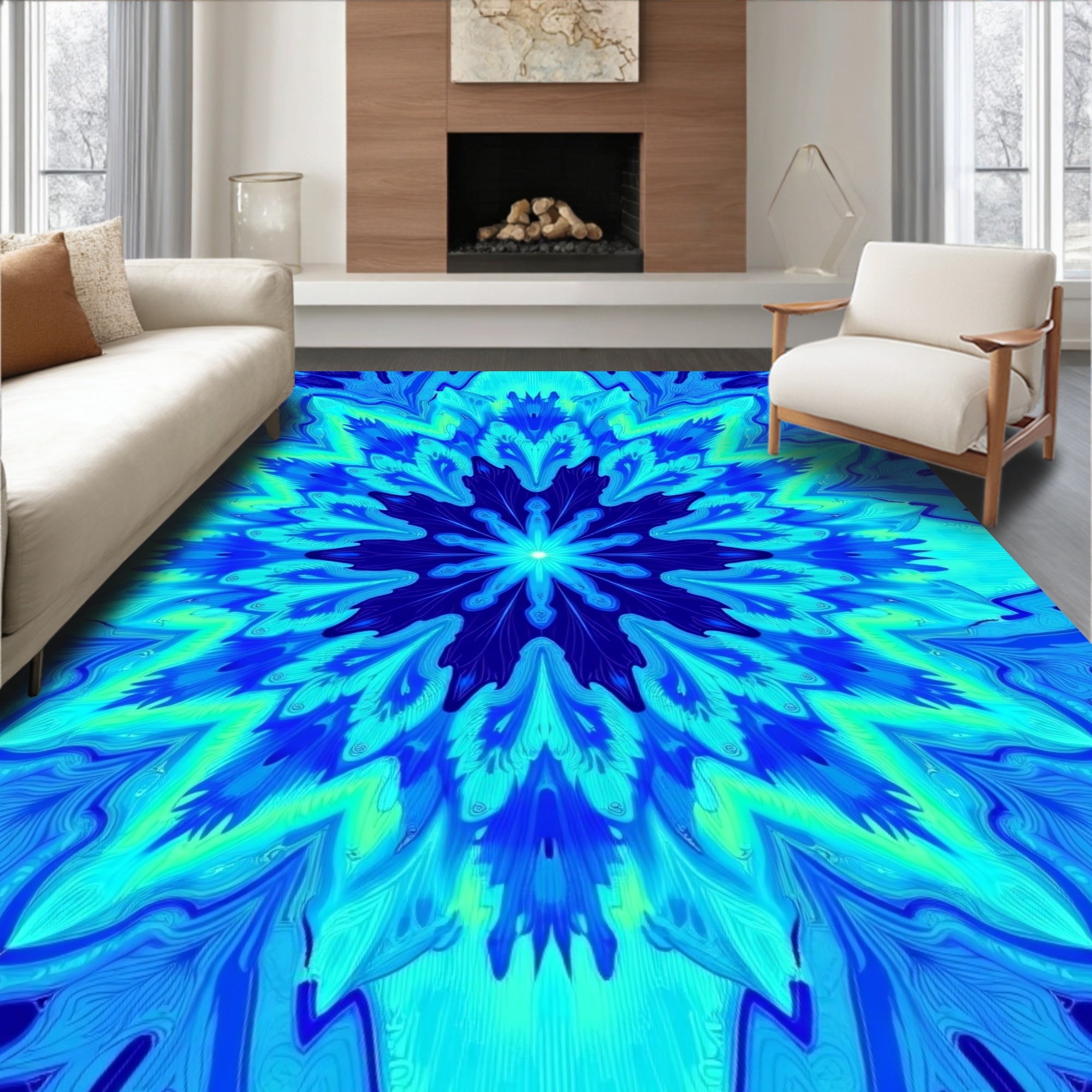 Vibrant Blue Teal Radial Bloom Rug