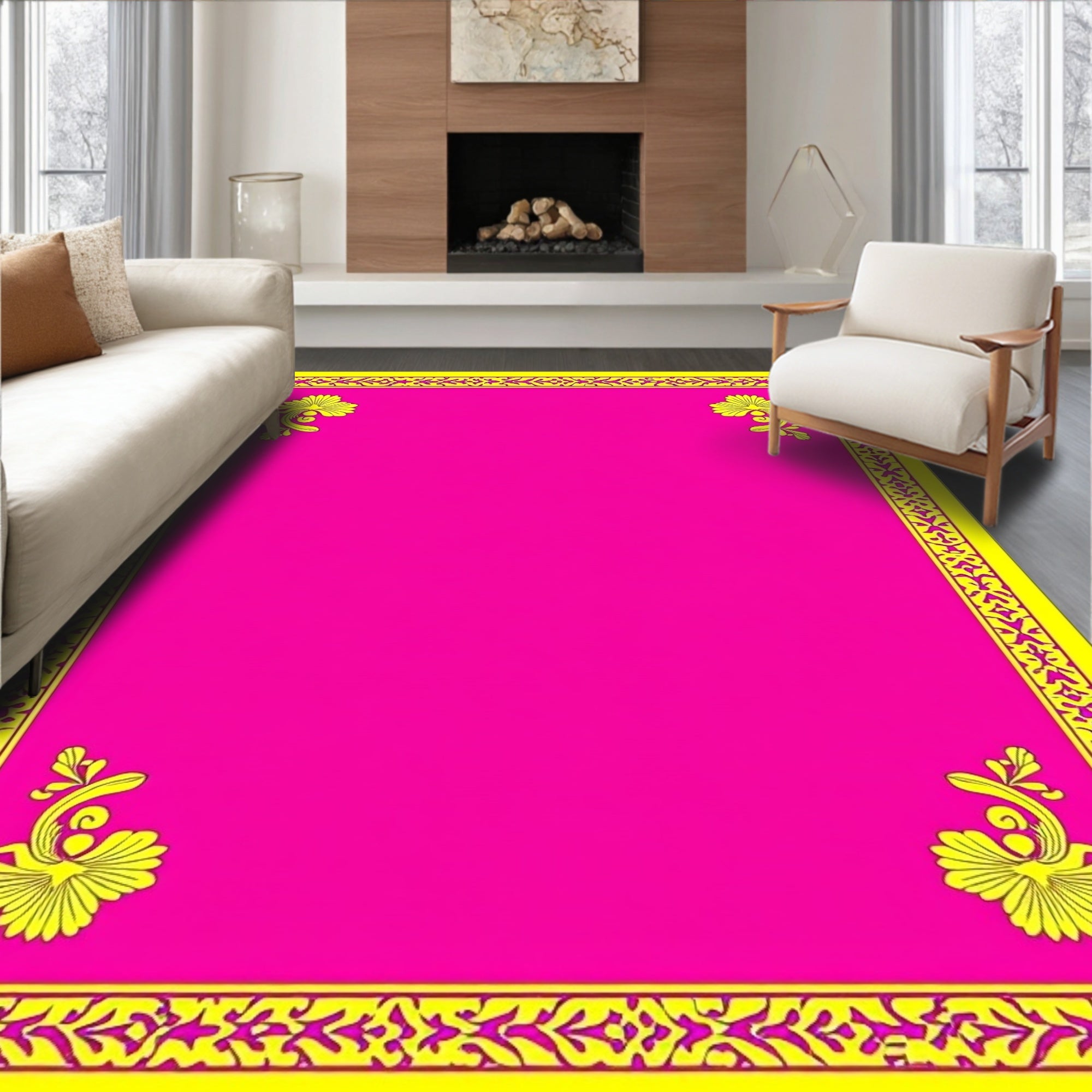 Vibrant Pink Yellow Floral Border Rug