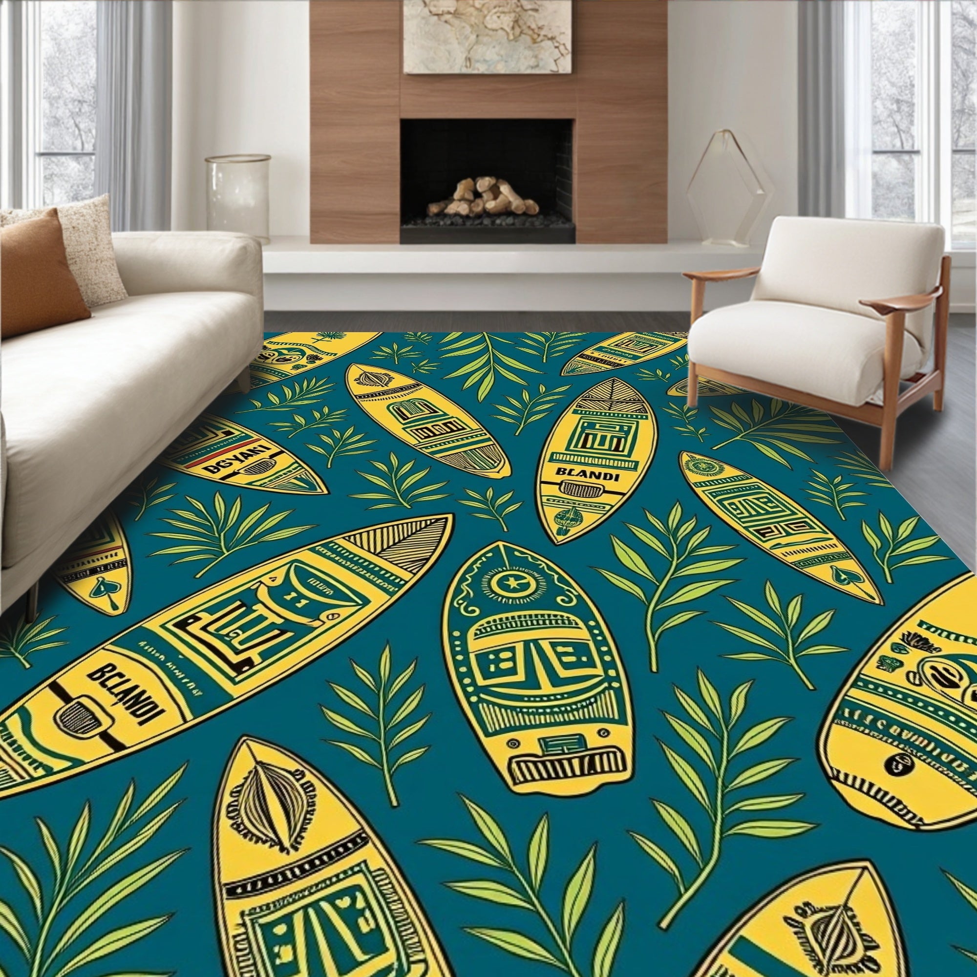 Yellow Tribal Surfboards Teal Tropical Foliage Rug