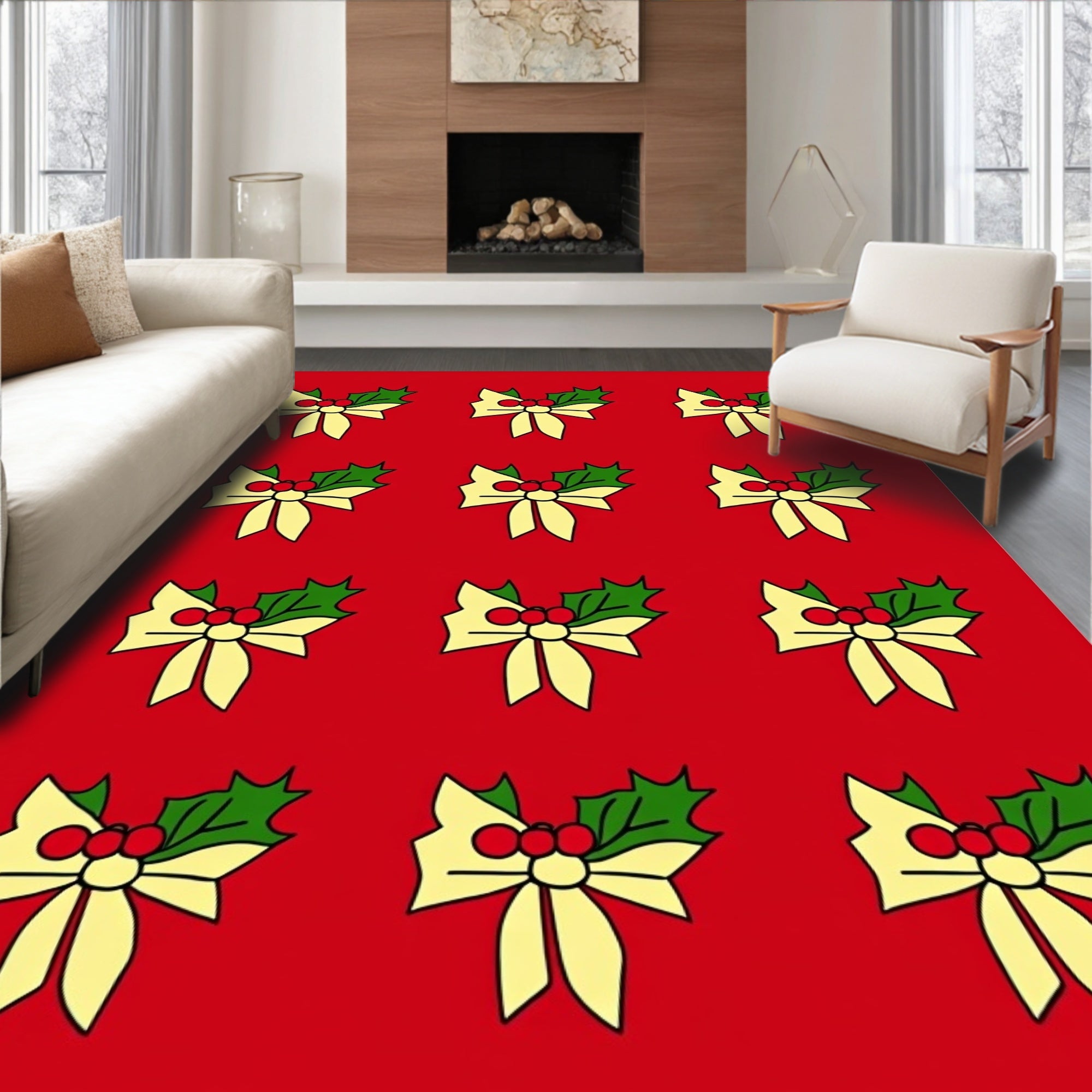 Festive Holly Bows Red Rug