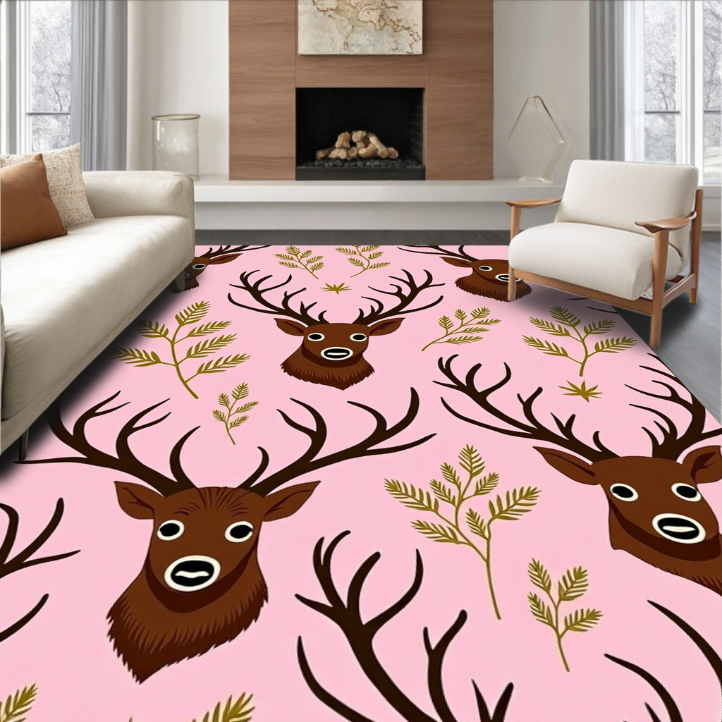 Whimsical Pink Deer and Fern Rug