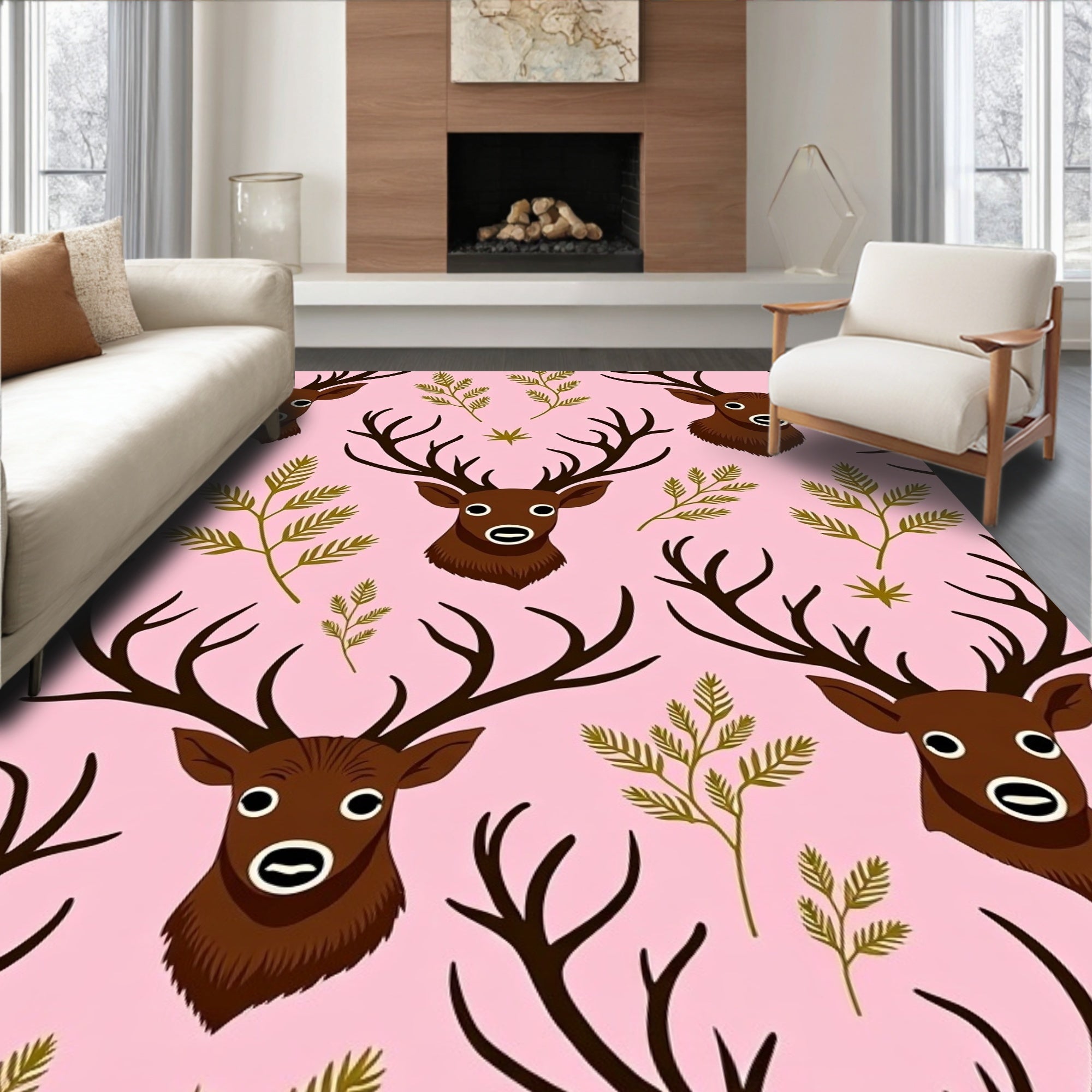 Whimsical Pink Deer and Fern Rug