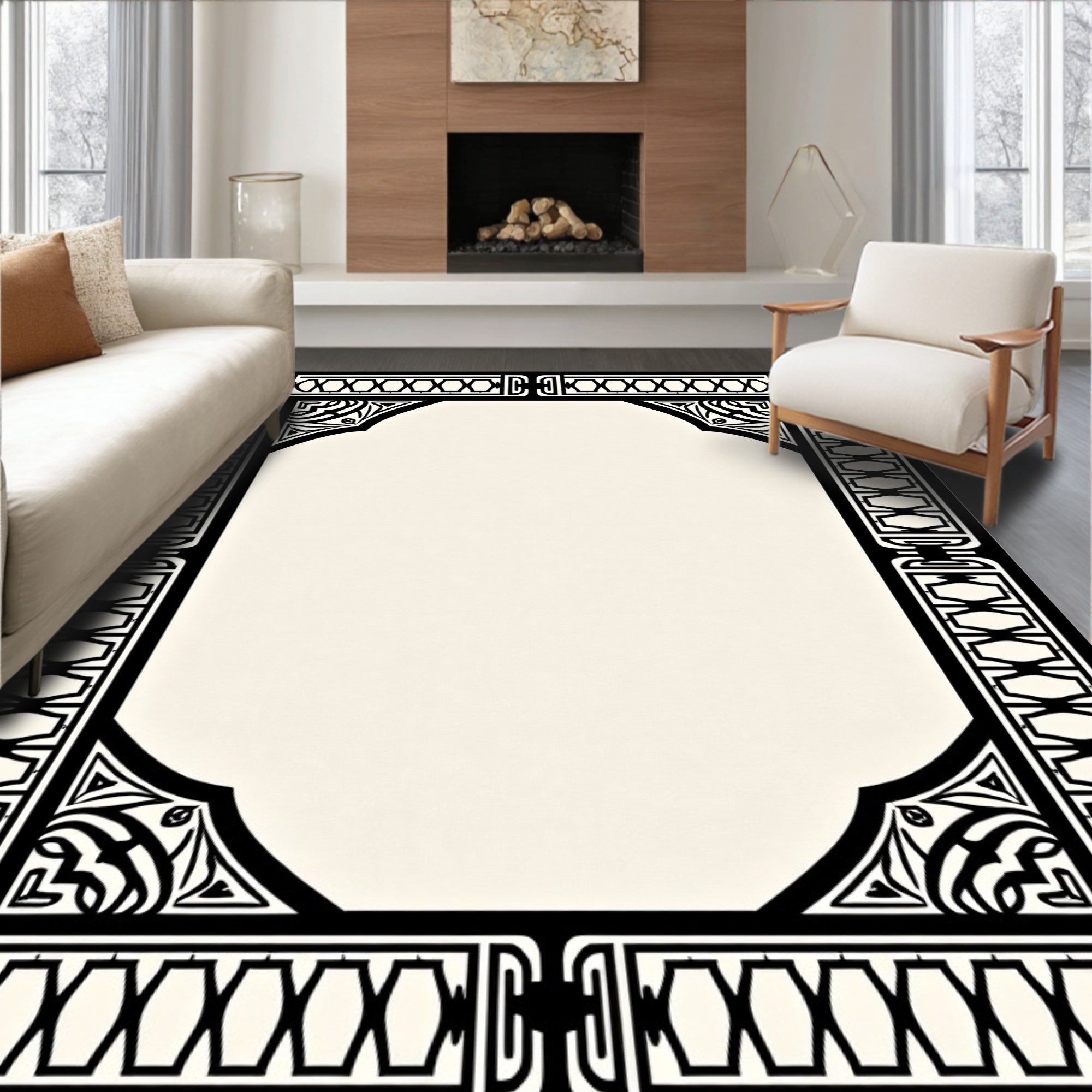 Black White Deco Border medallion Rug