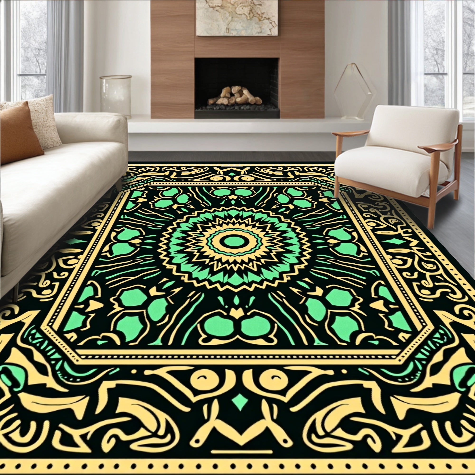 Black Yellow Green Floral Mandalas Rug