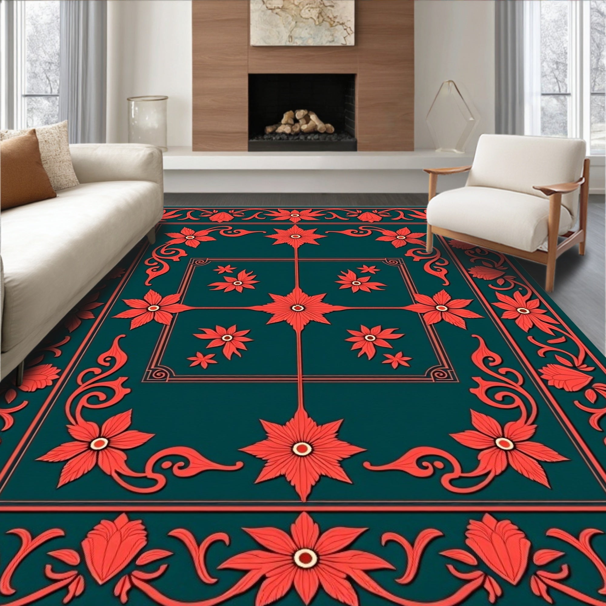 Coral Floral Bordered Teal Rug
