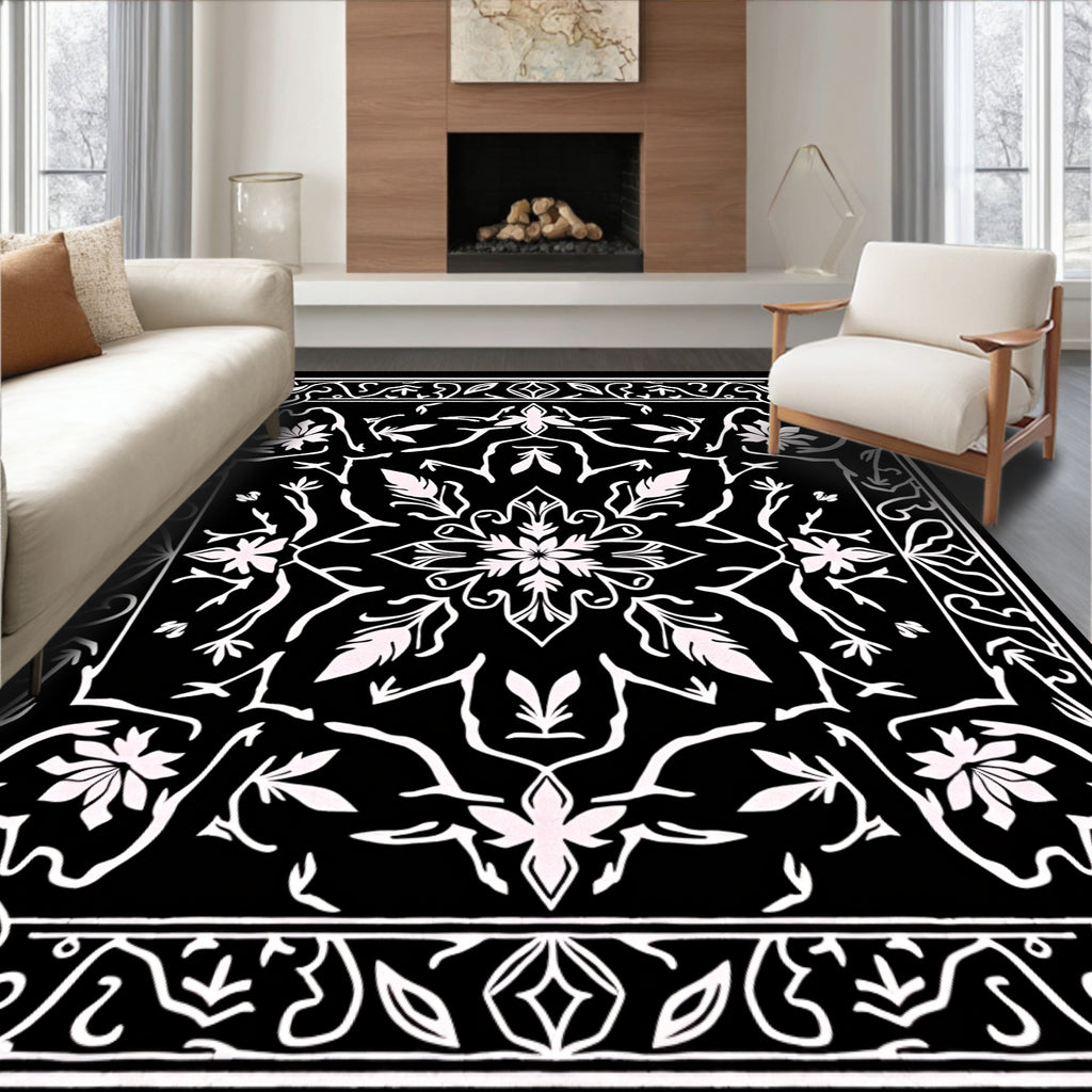Classic Black White Floral Mandala Rug