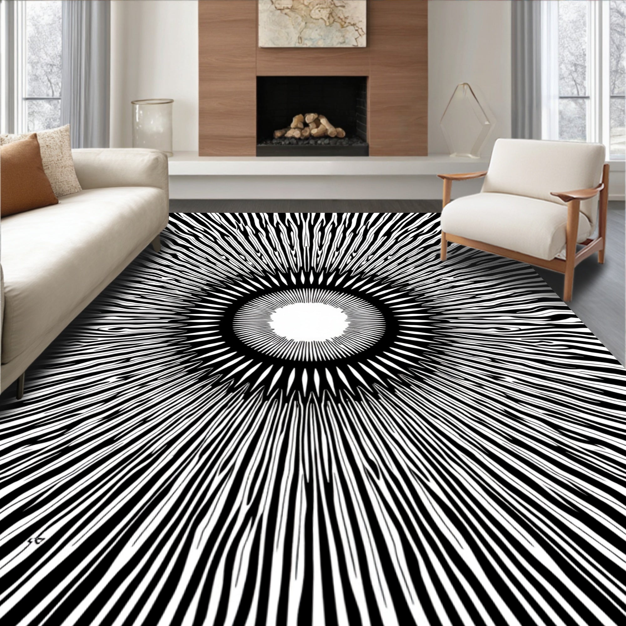 Modern Black Sunburst Ray Rug