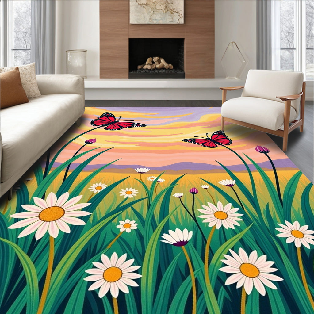 Crimson Butterflies Amidst Daisy Meadow Rug