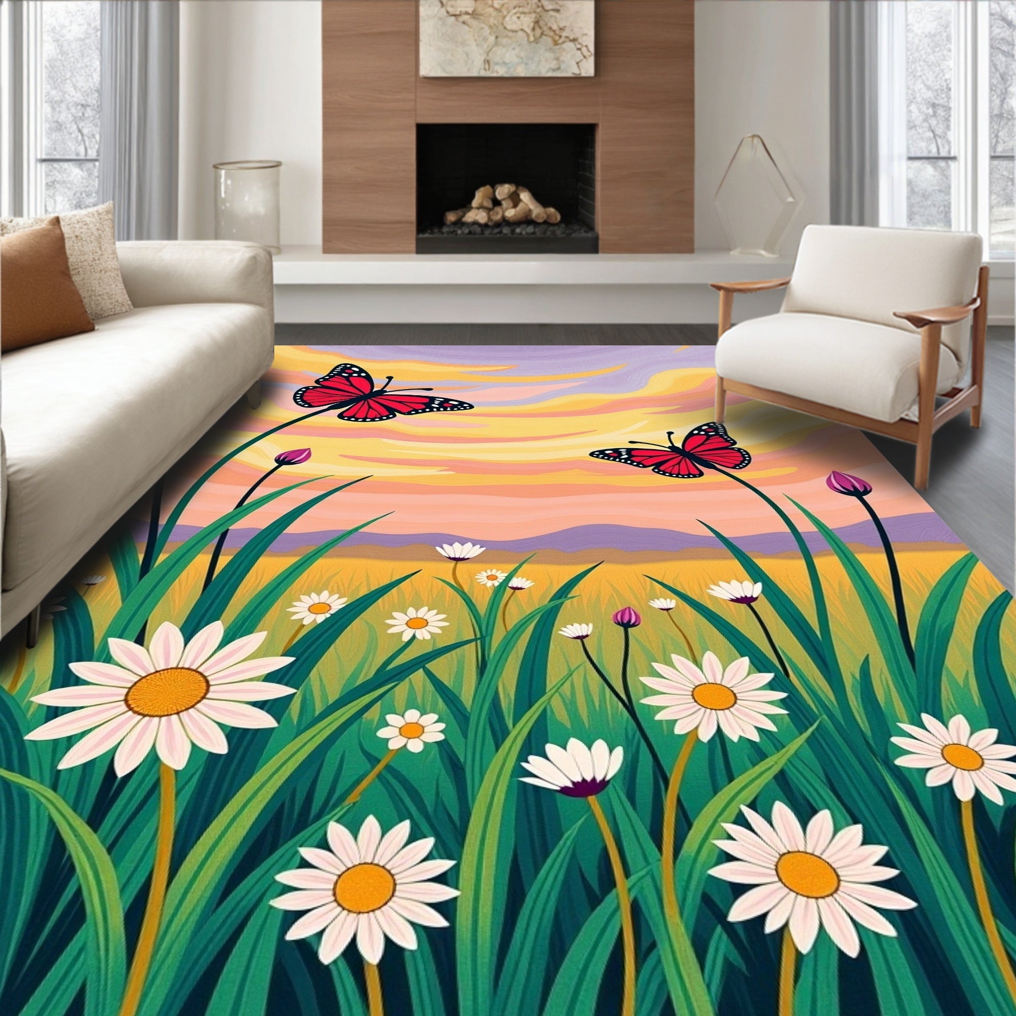 Crimson Butterflies Amidst Daisy Meadow Rug