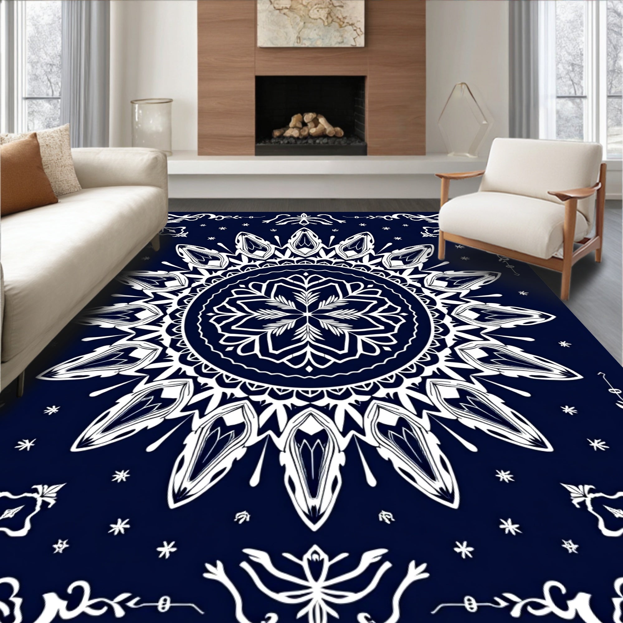 Navy White Ornamental Mandala Rug
