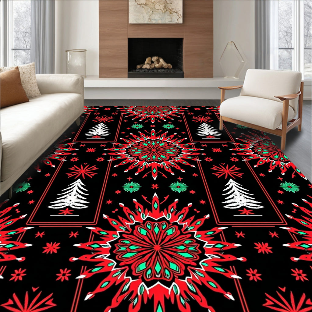 Festive Red Snowflake Christmas Tree Rug