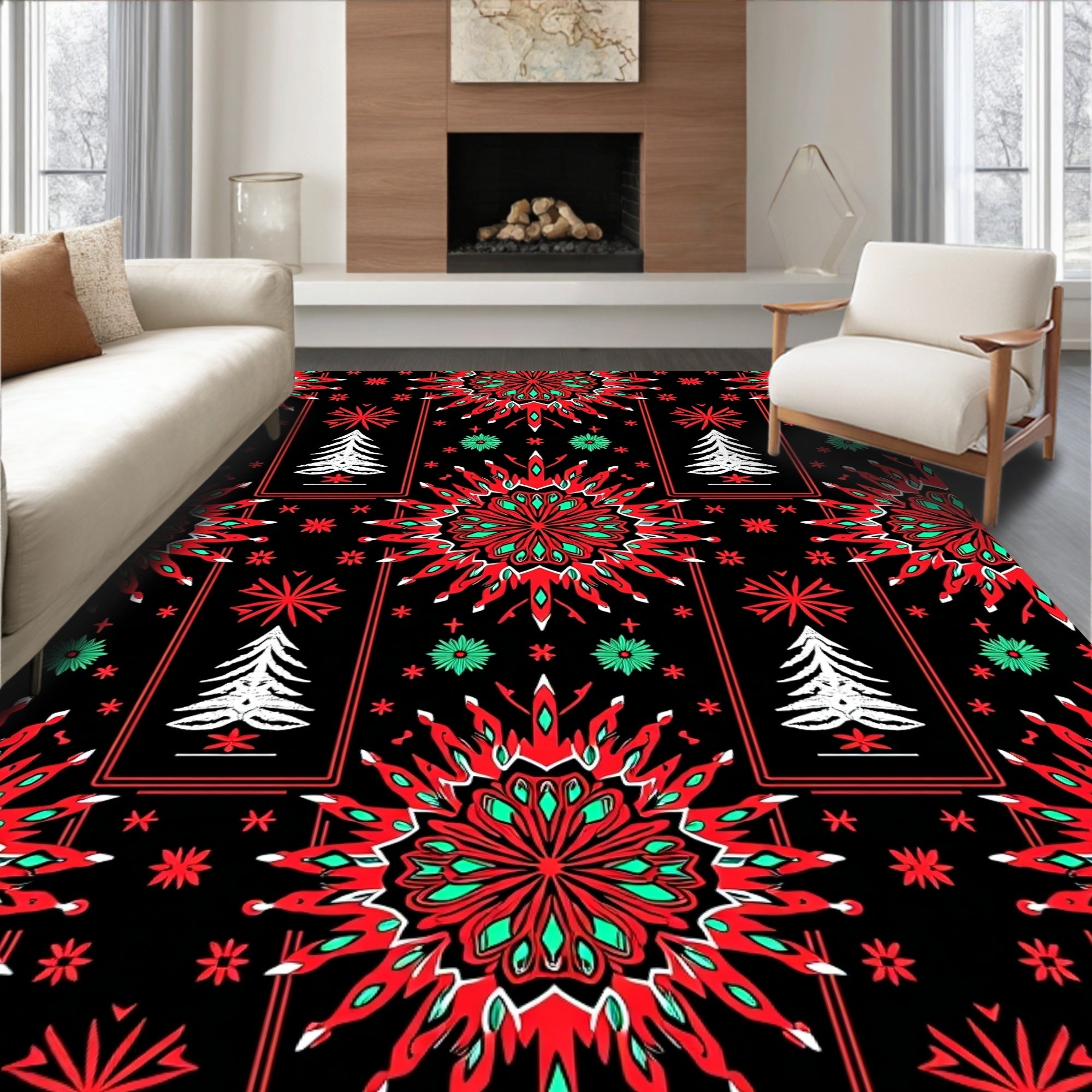Festive Red Snowflake Christmas Tree Rug