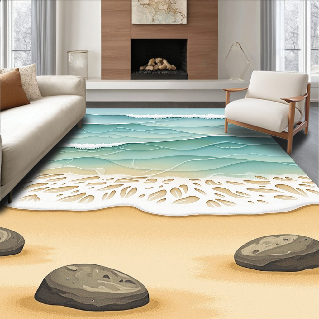 Serene Ocean Waves Beach Stones Rug