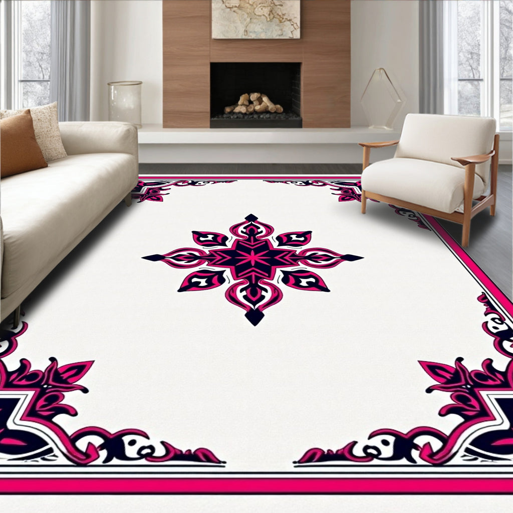 Vibrant Pink and Navy Floral Medallion Rug
