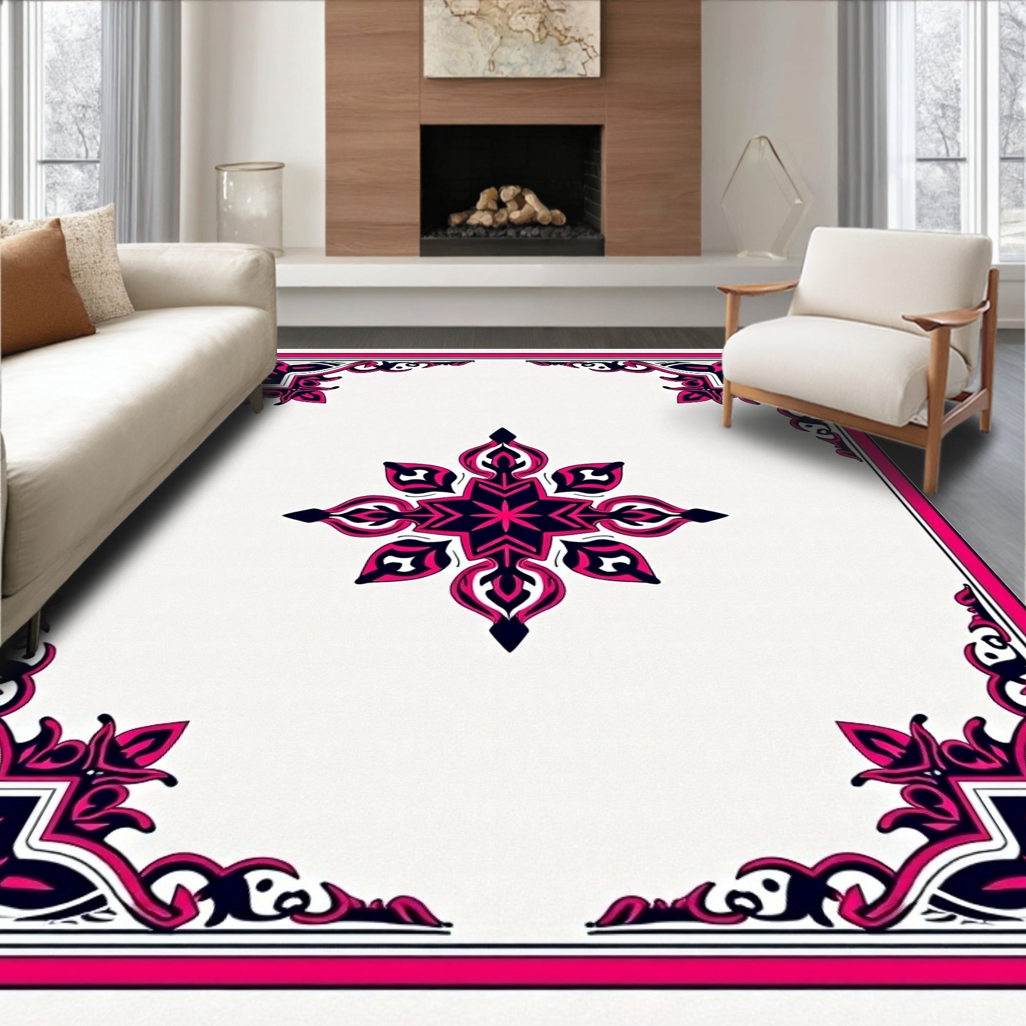 Vibrant Pink and Navy Floral Medallion Rug