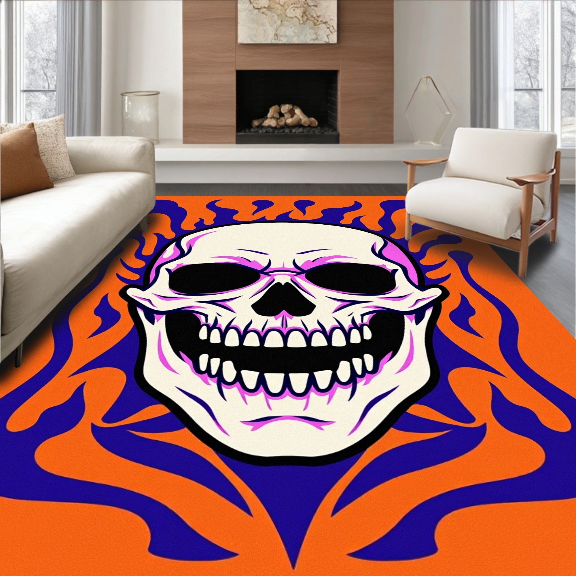 Bold orange skull with purple flames Rug