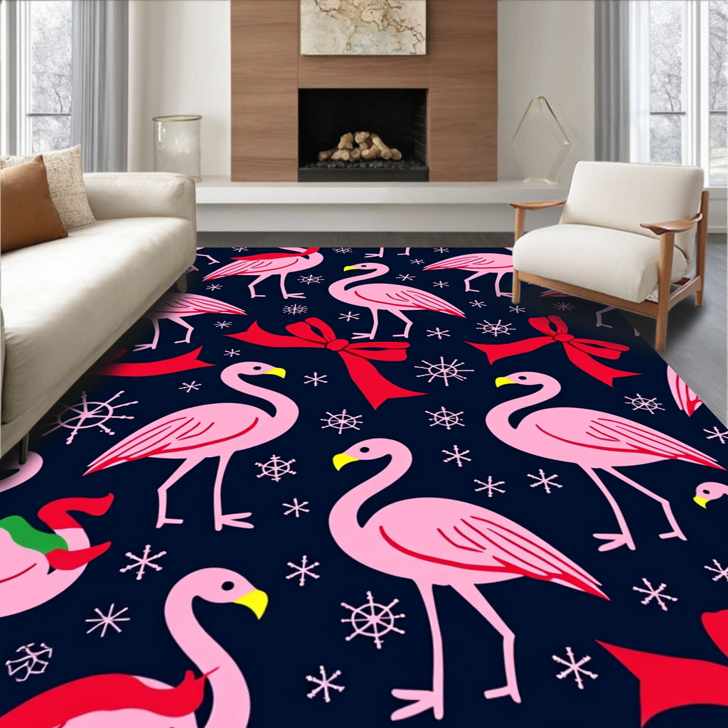 Pink Flamingos Red Bows Snowflakes Dark Blue Rug