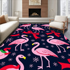 Pink Flamingos Red Bows Snowflakes Dark Blue Rug