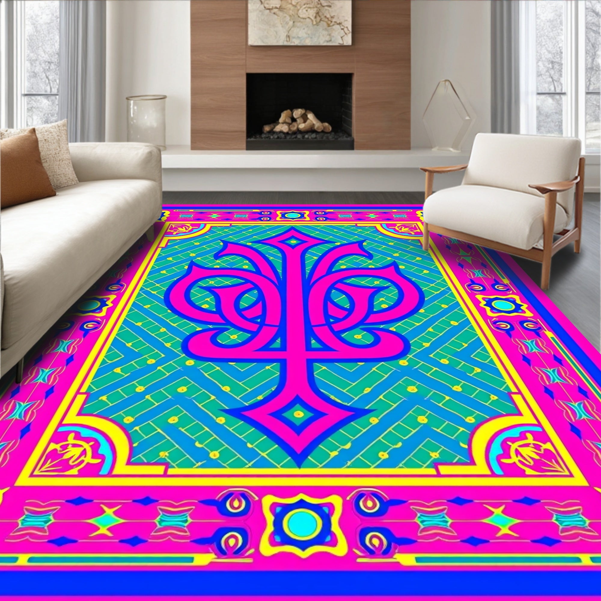 Vibrant Pink Teal Floral Frame Rug