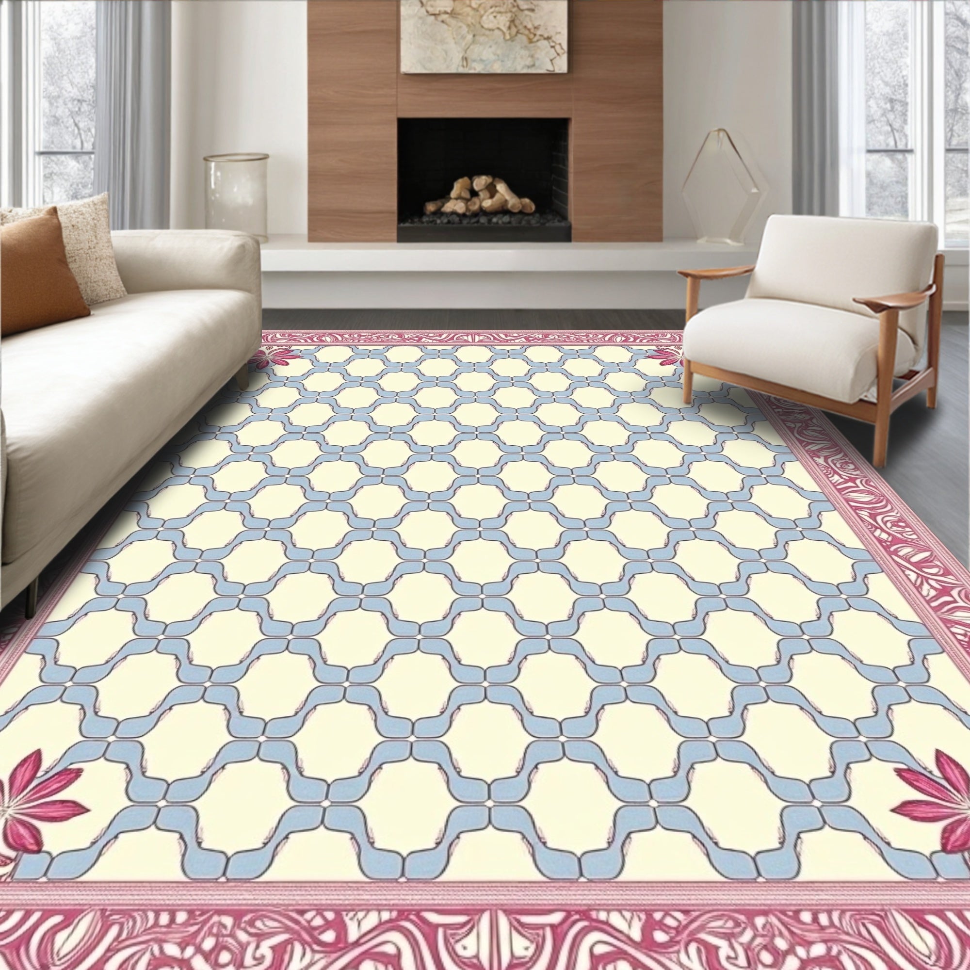 Cream Sky Blue Pink Floral Border Rug