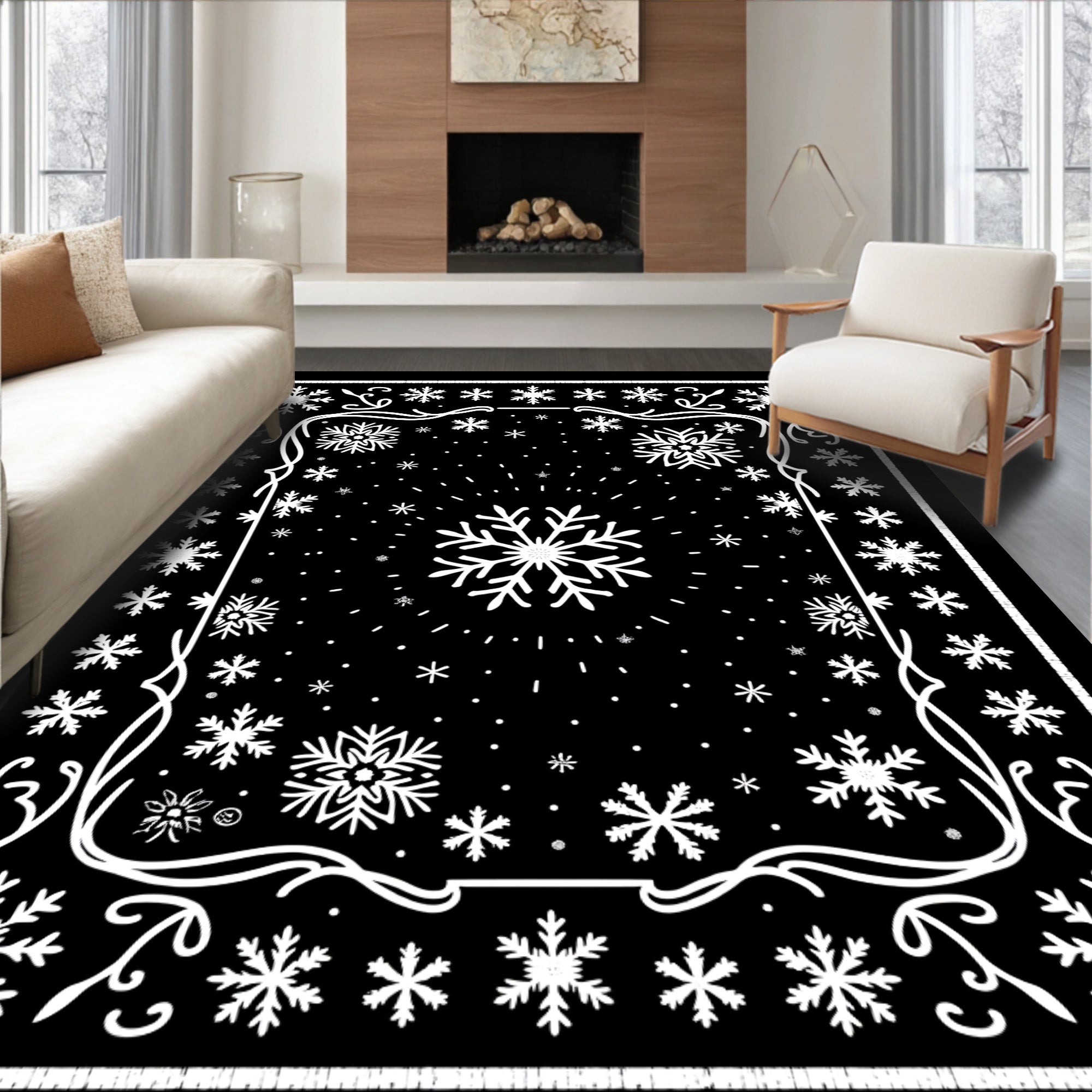 Winter White Snowflake Frame Rug