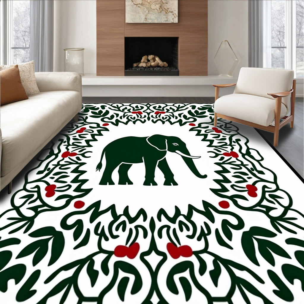 Dark Green Elephant With Red Berry Border Rug