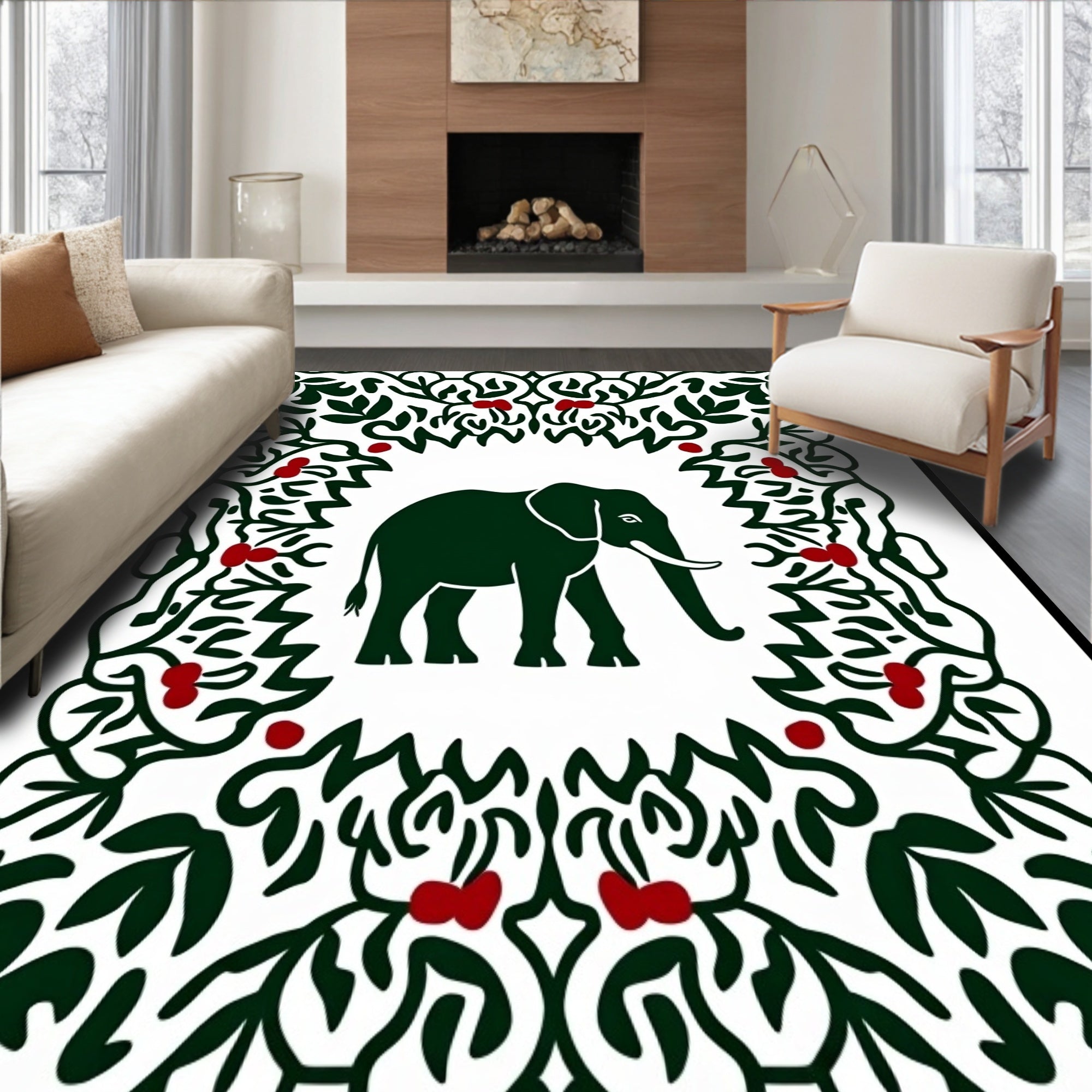 Dark Green Elephant With Red Berry Border Rug