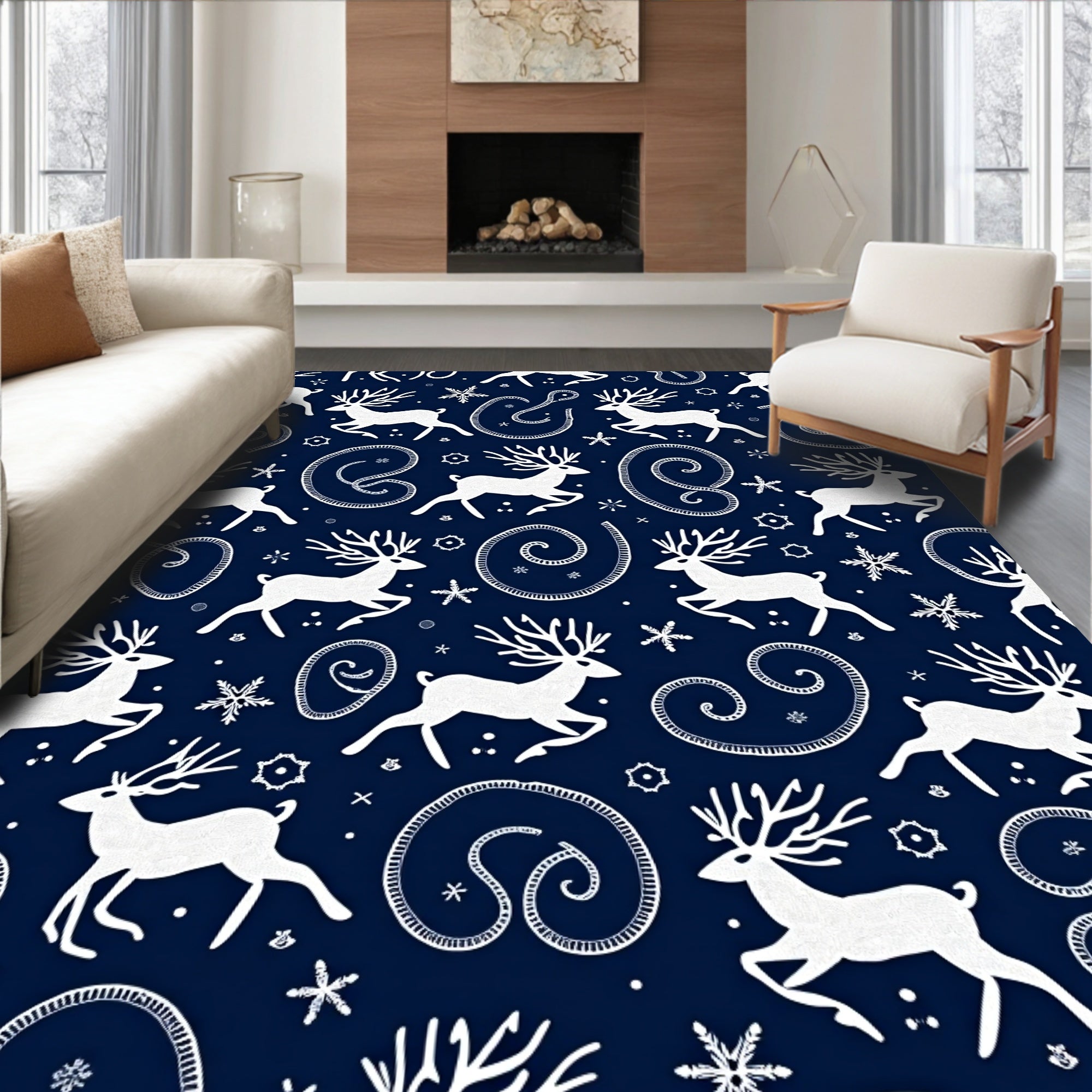 Winter White Reindeer Snowflake Swirls Rug