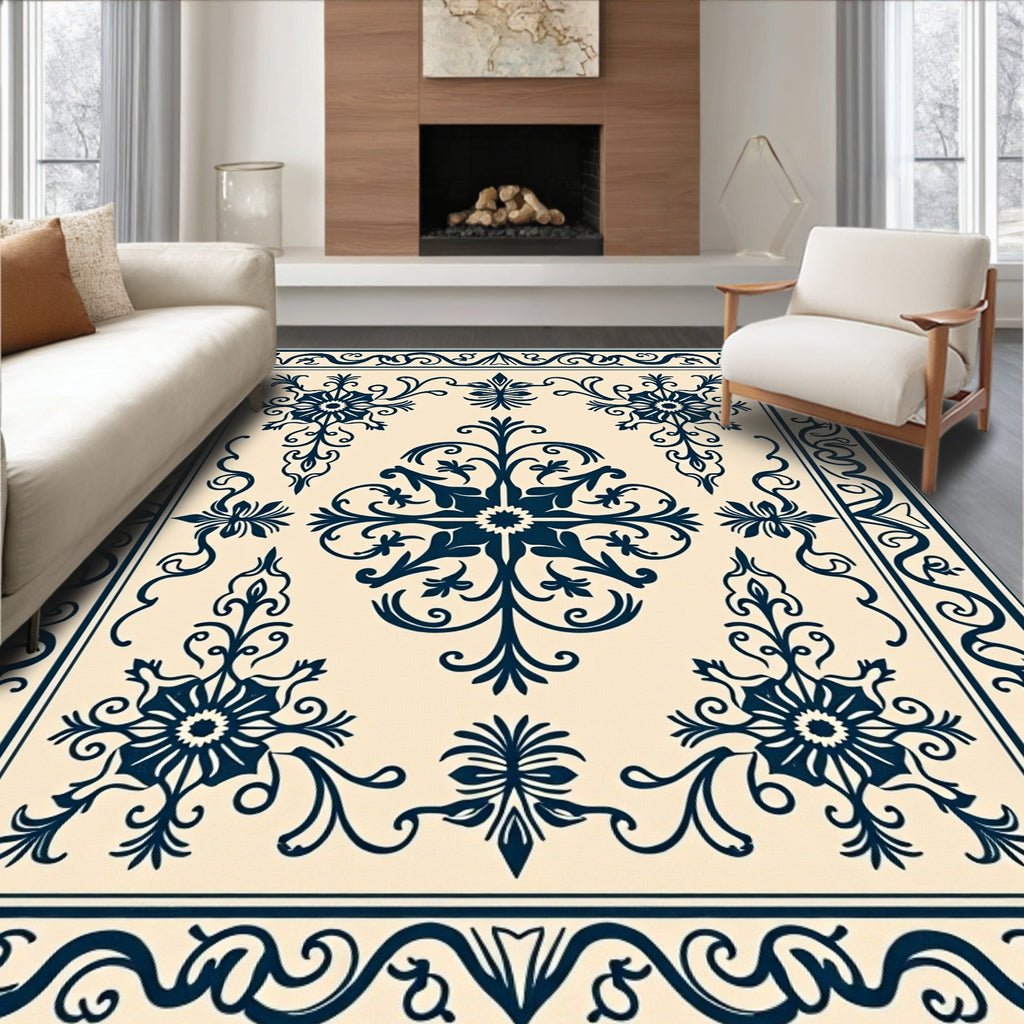 Deep Blue Floral Crests Ivory Field Rug