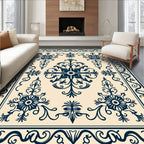 Deep Blue Floral Crests Ivory Field Rug