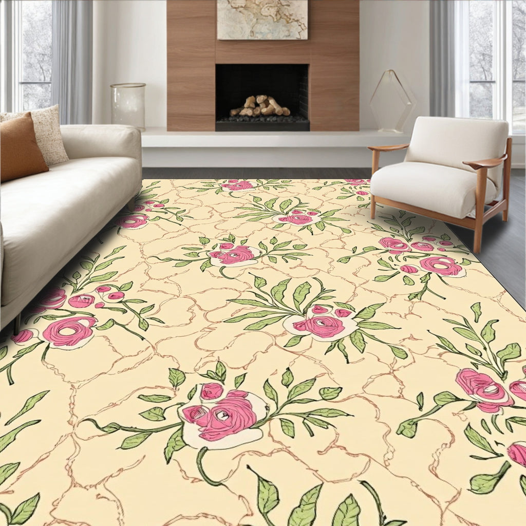 Vintage Pink Rose Botanical Swirls Rug