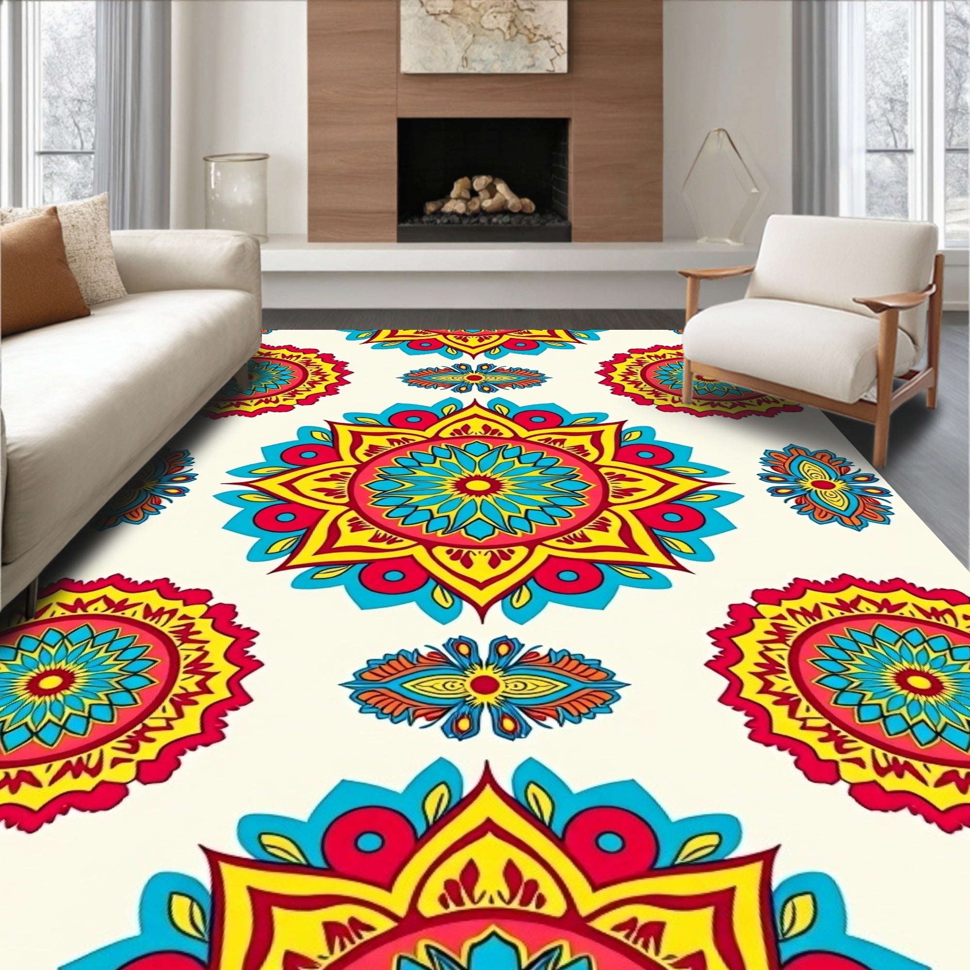 Vibrant Red Blue Yellow Mandala Medallion Rug