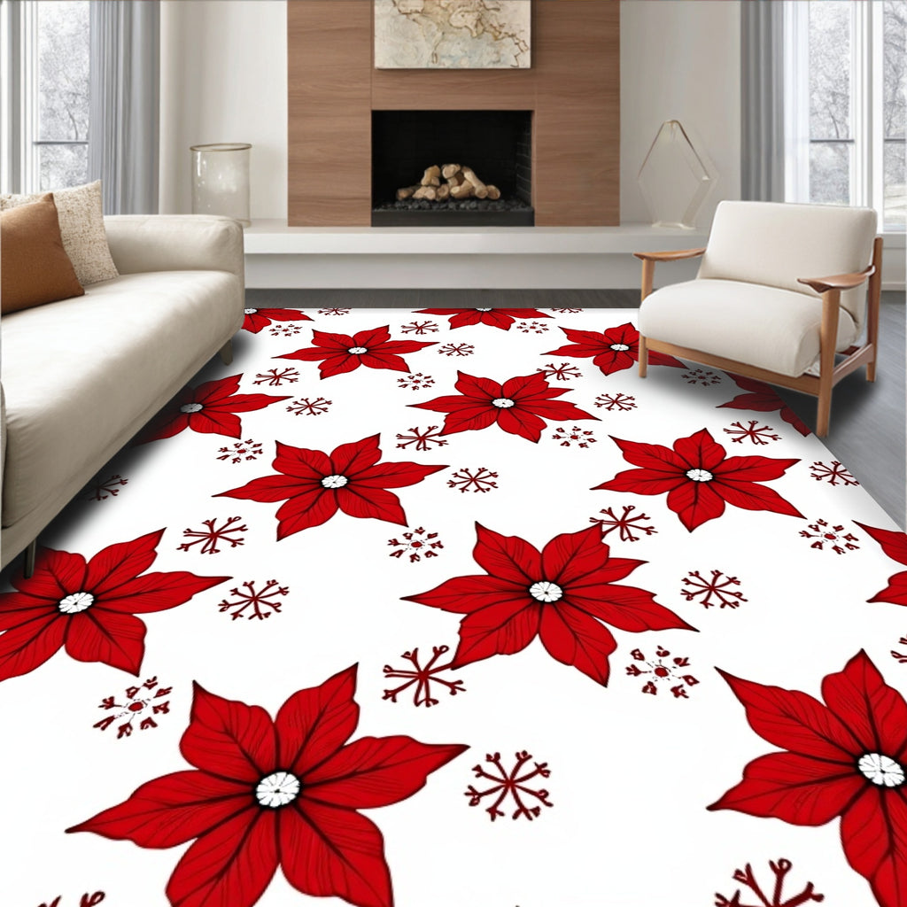 Red Poinsettia Snowflake Overlay Rug