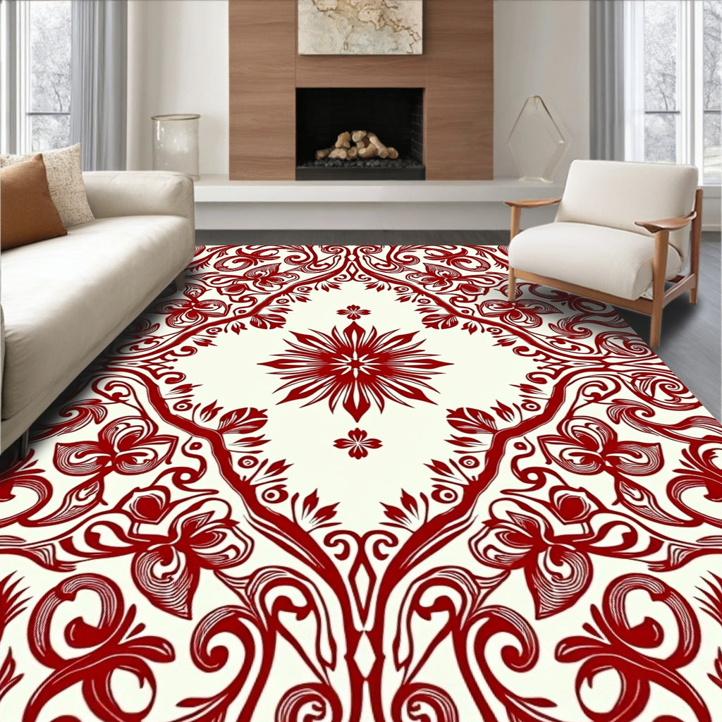 Crimson Floral Scrollwork Ornament Rug