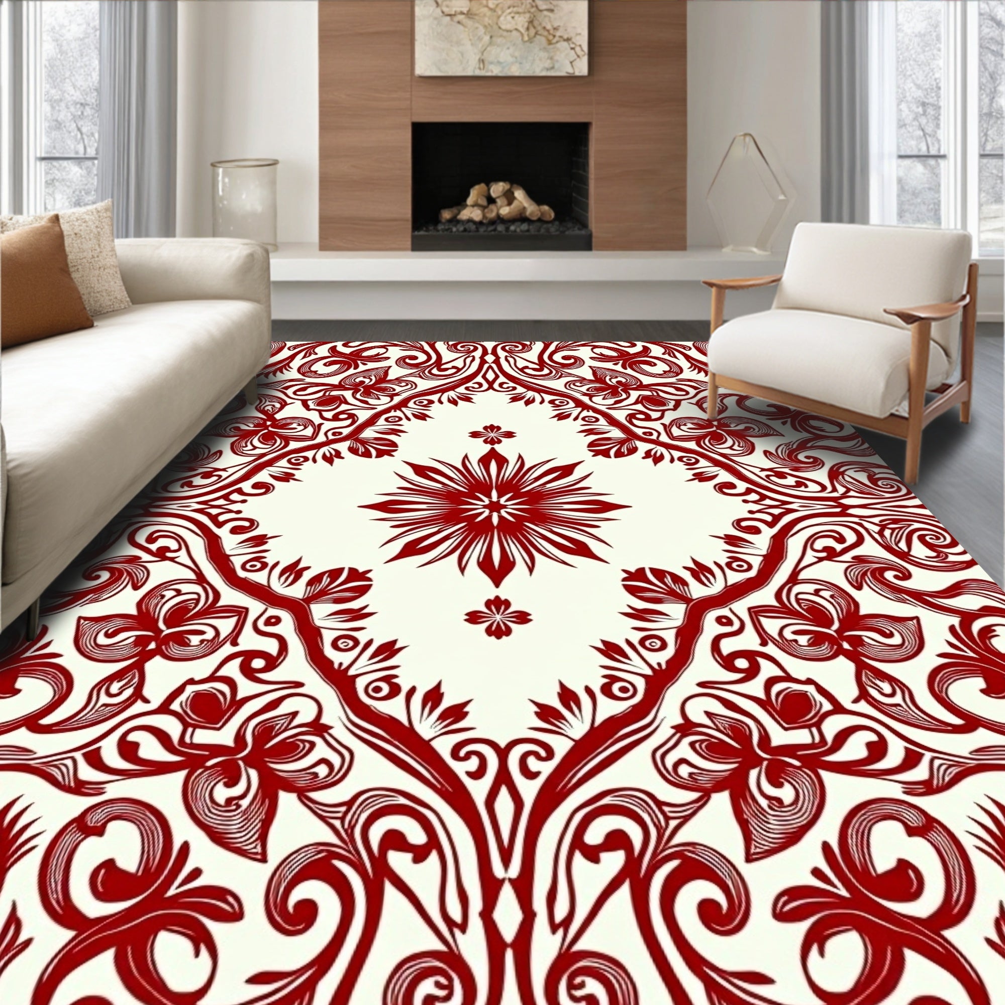 Crimson Floral Scrollwork Ornament Rug