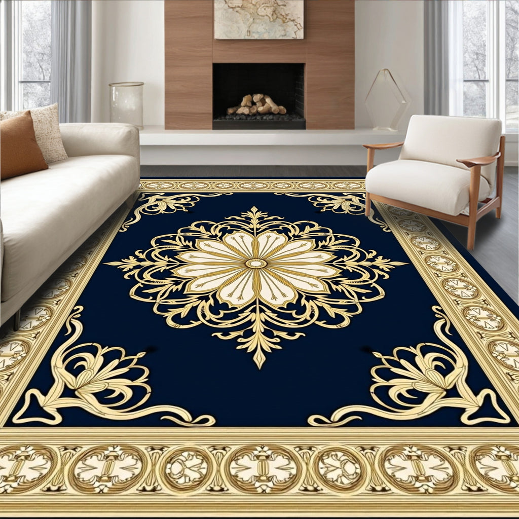 Grand Navy Gold Floral Medallion Traditional Rug