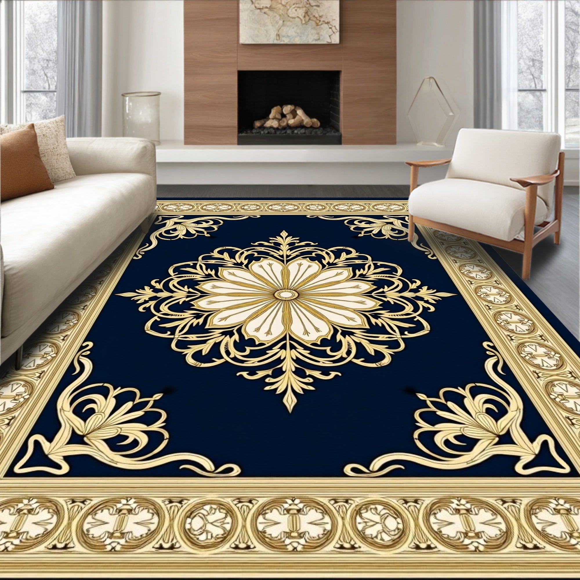 Grand Navy Gold Floral Medallion Traditional Rug