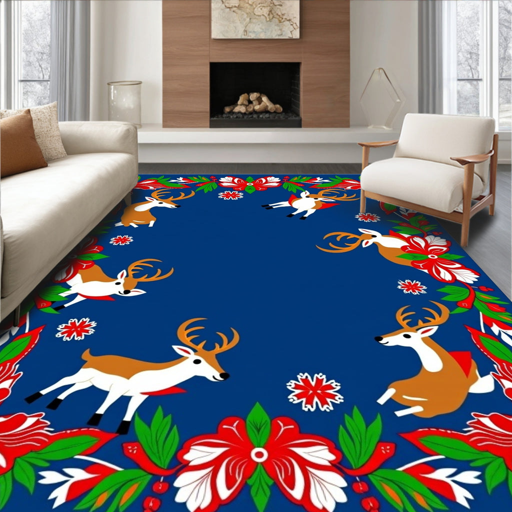 Red Floral Reindeer Snowflakes Border Rug