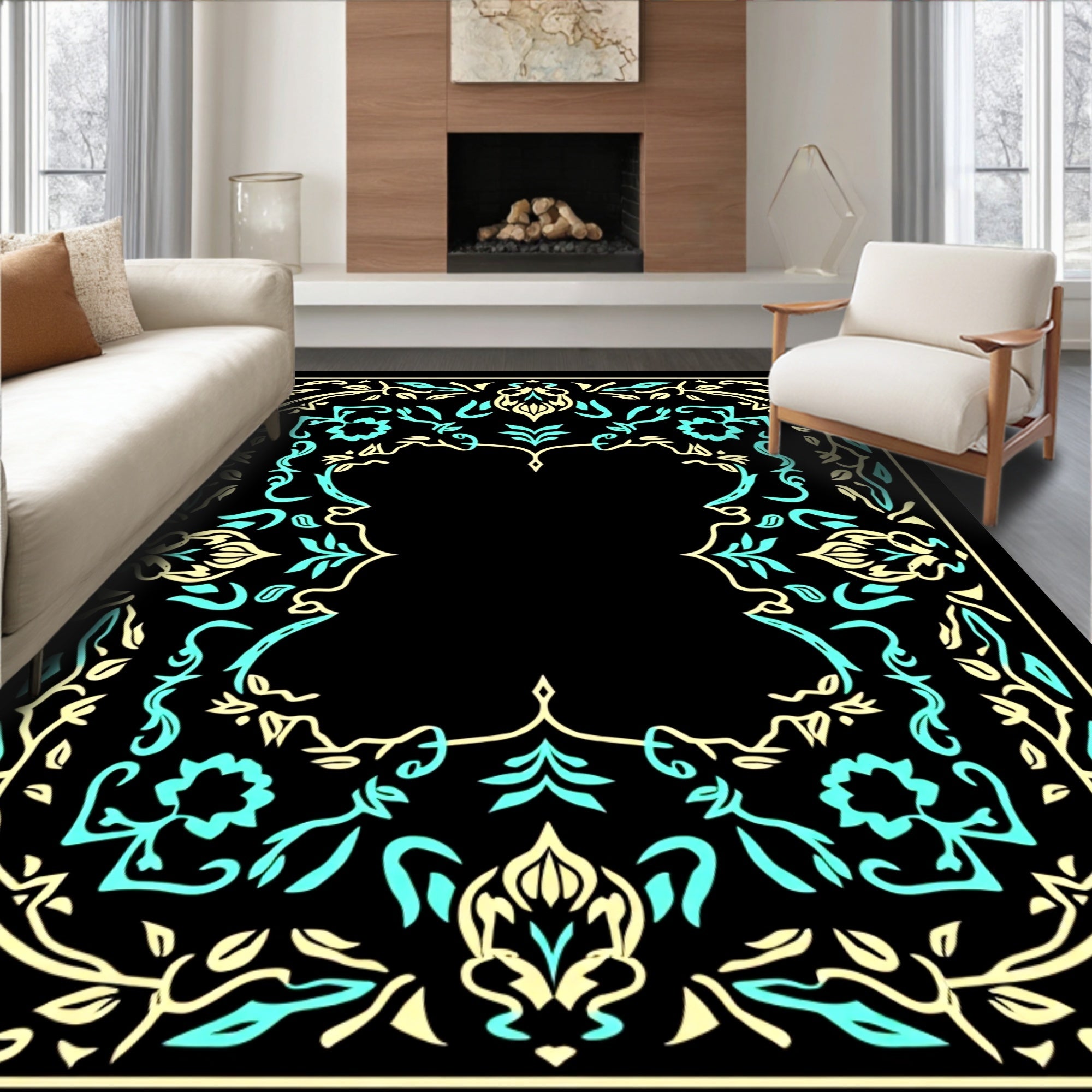 Abstract Mint Cream Floral Border Rug