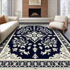 Navy Cream Damask Floral Medallion Rug
