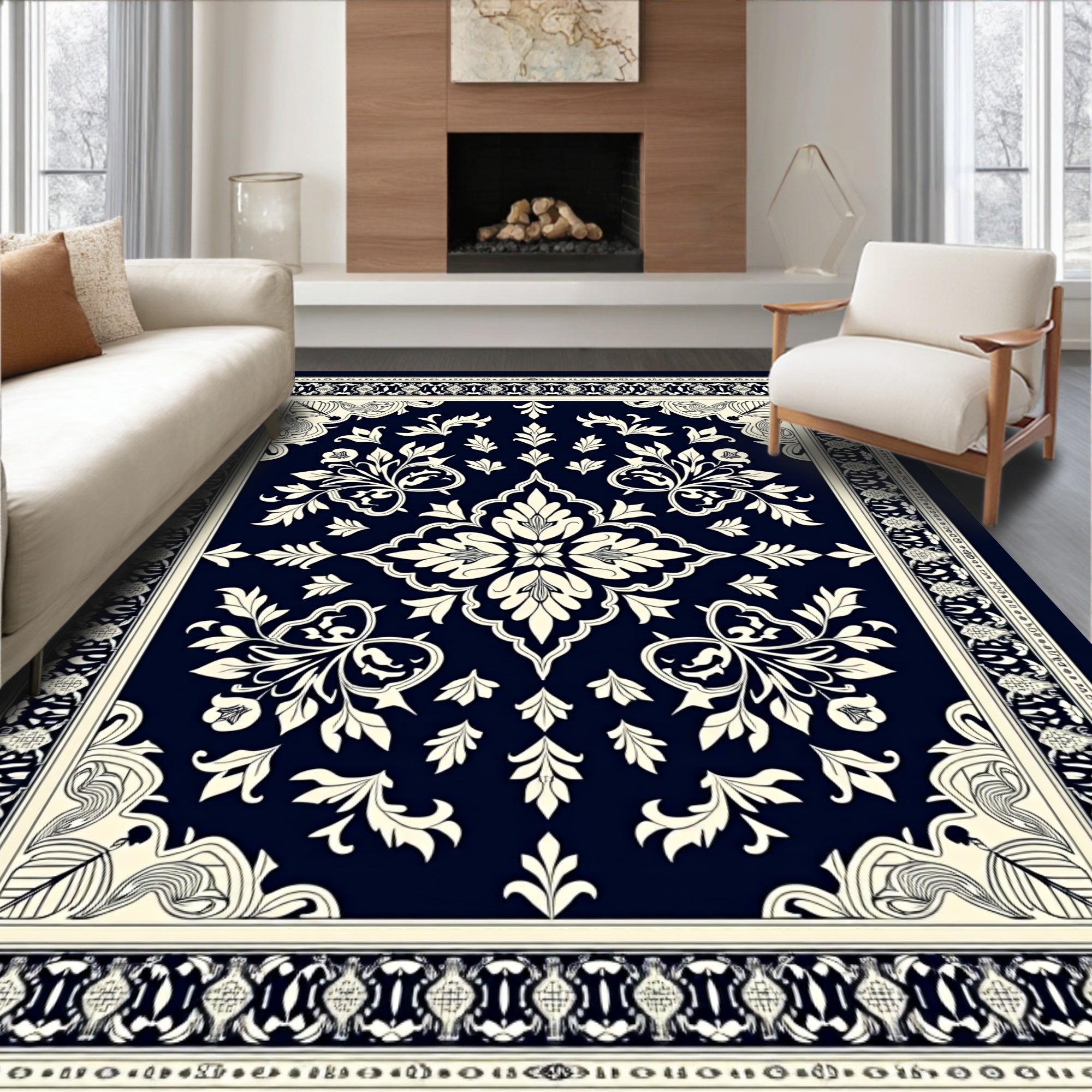 Navy Cream Damask Floral Medallion Rug