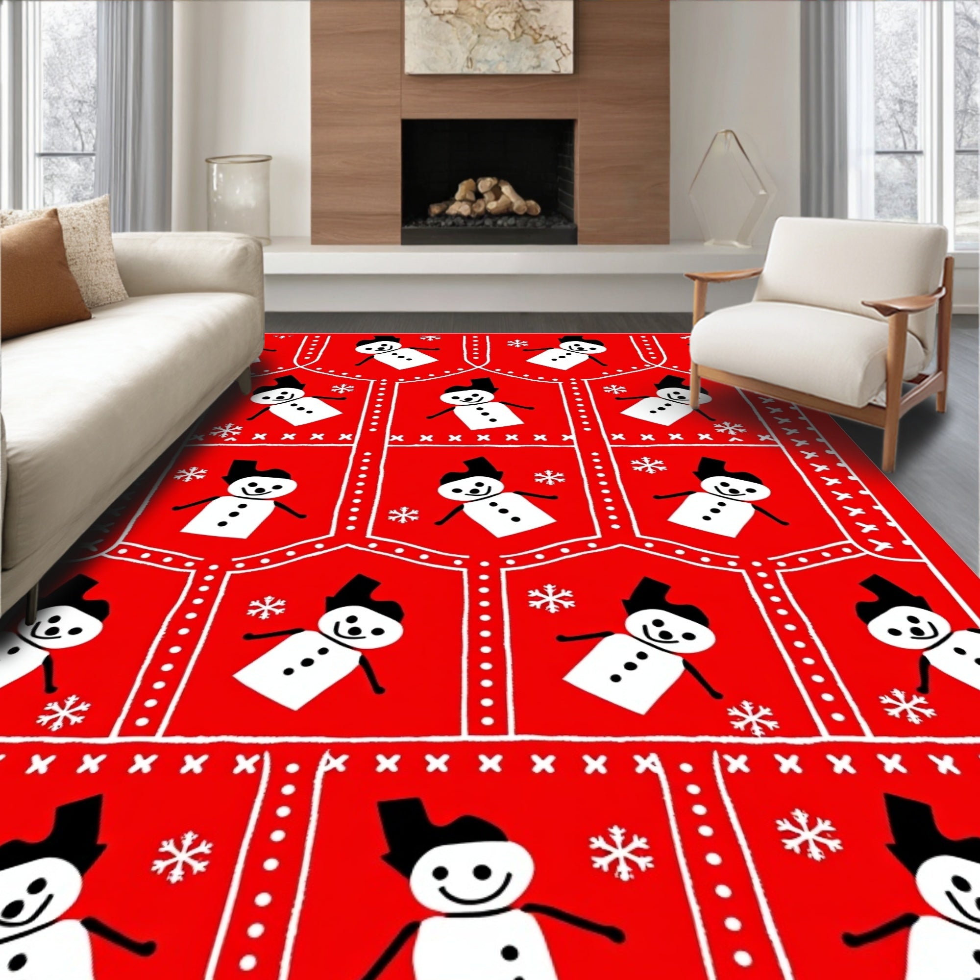 Red Snowman Winter Landscape Rug