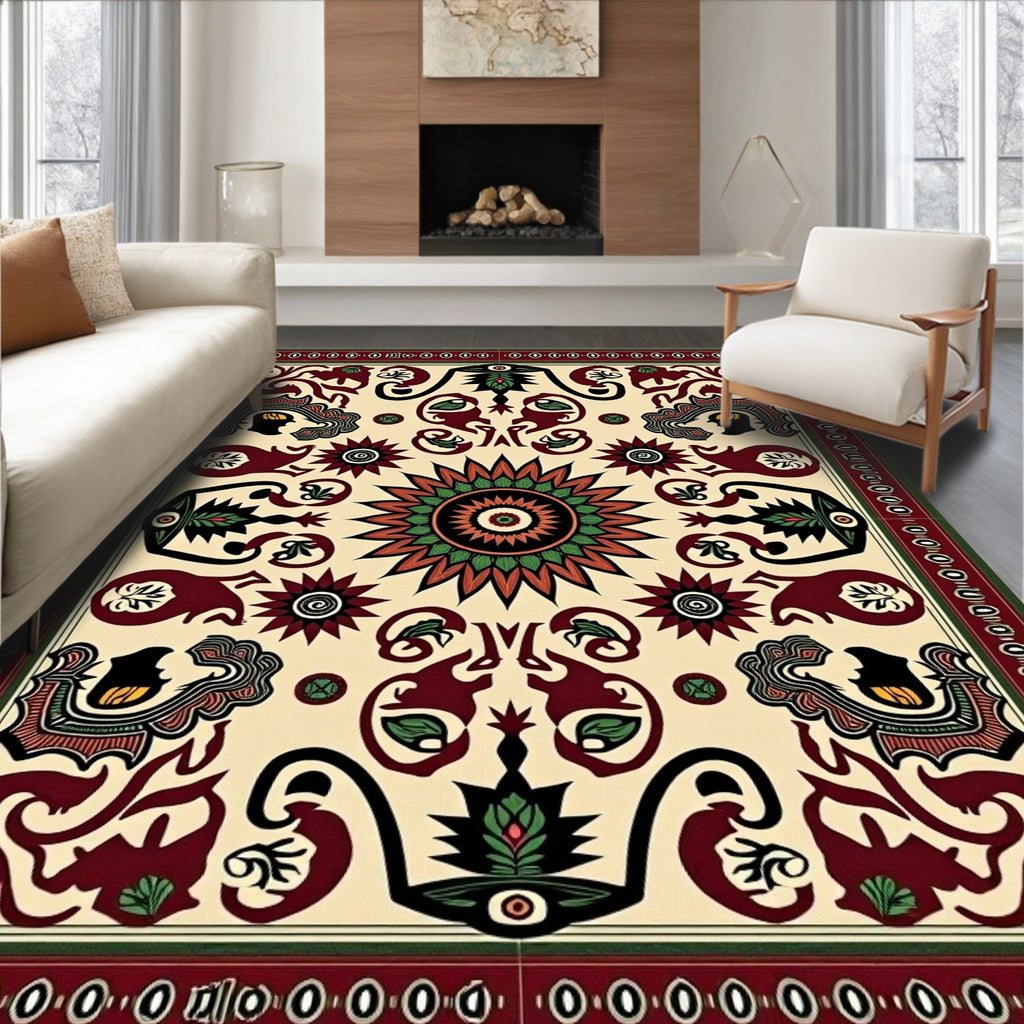 Ornate Crimson Sunburst Animal Medallion Rug