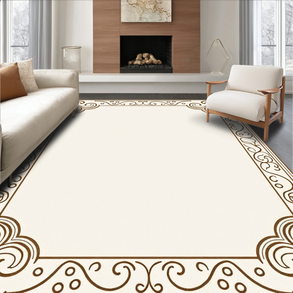 Brown Ornate Swirl Scroll Border Rug